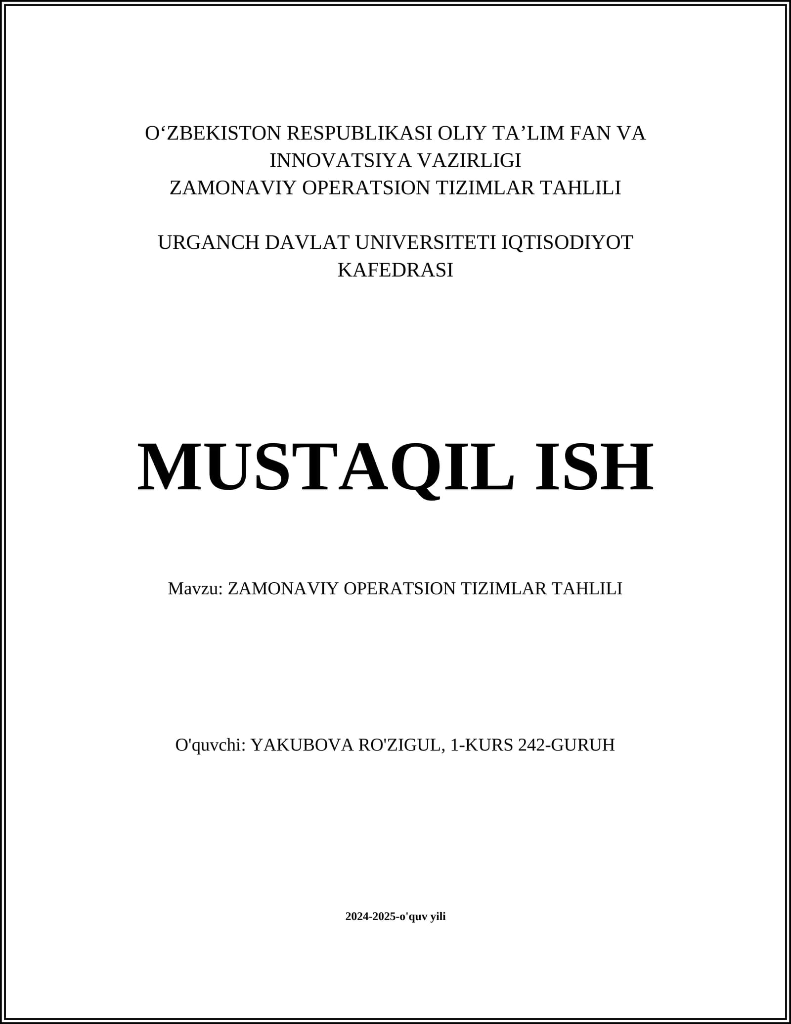 ZAMONAVIY OPERATSION TIZIMLAR TAHLILI