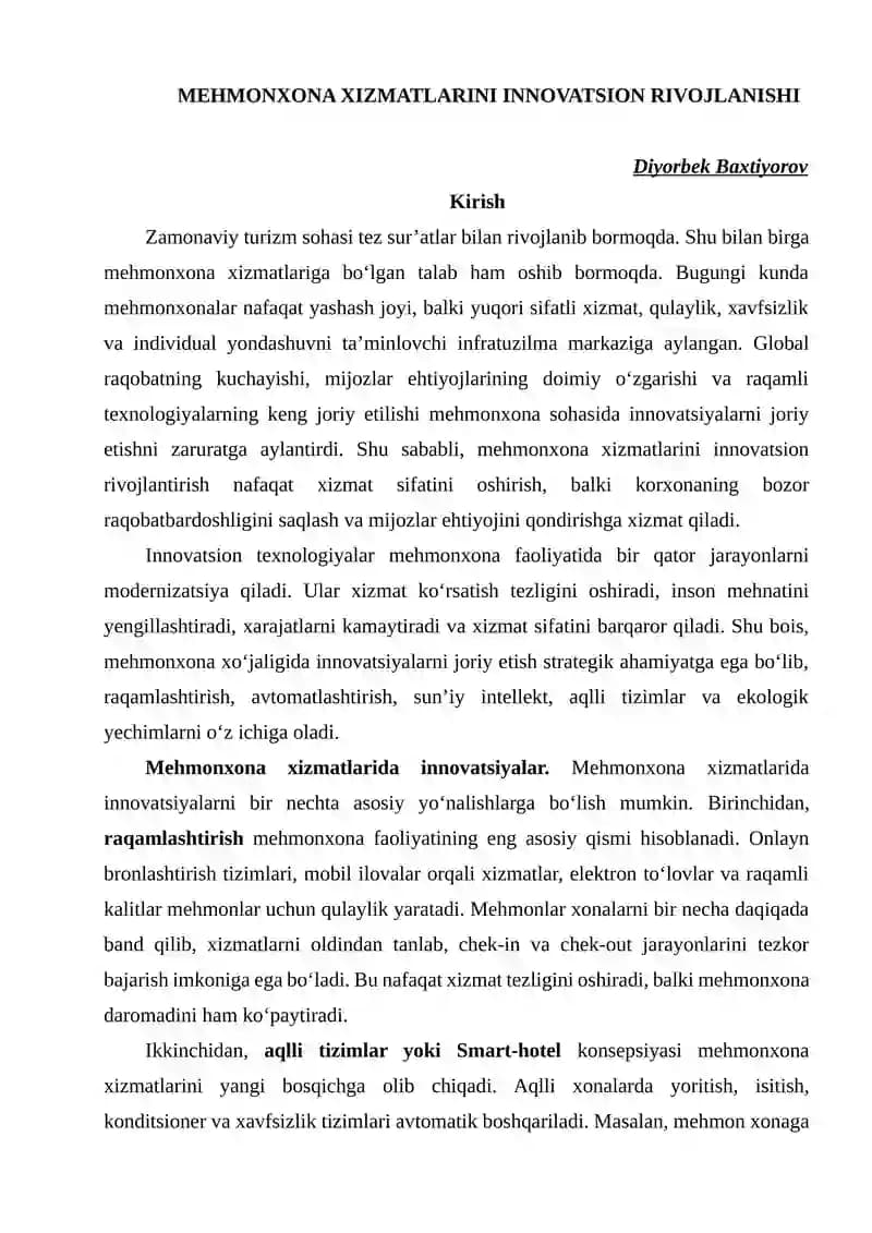 Mehmonxona Xizmatlarini Innovatsion Rivojlantirishi