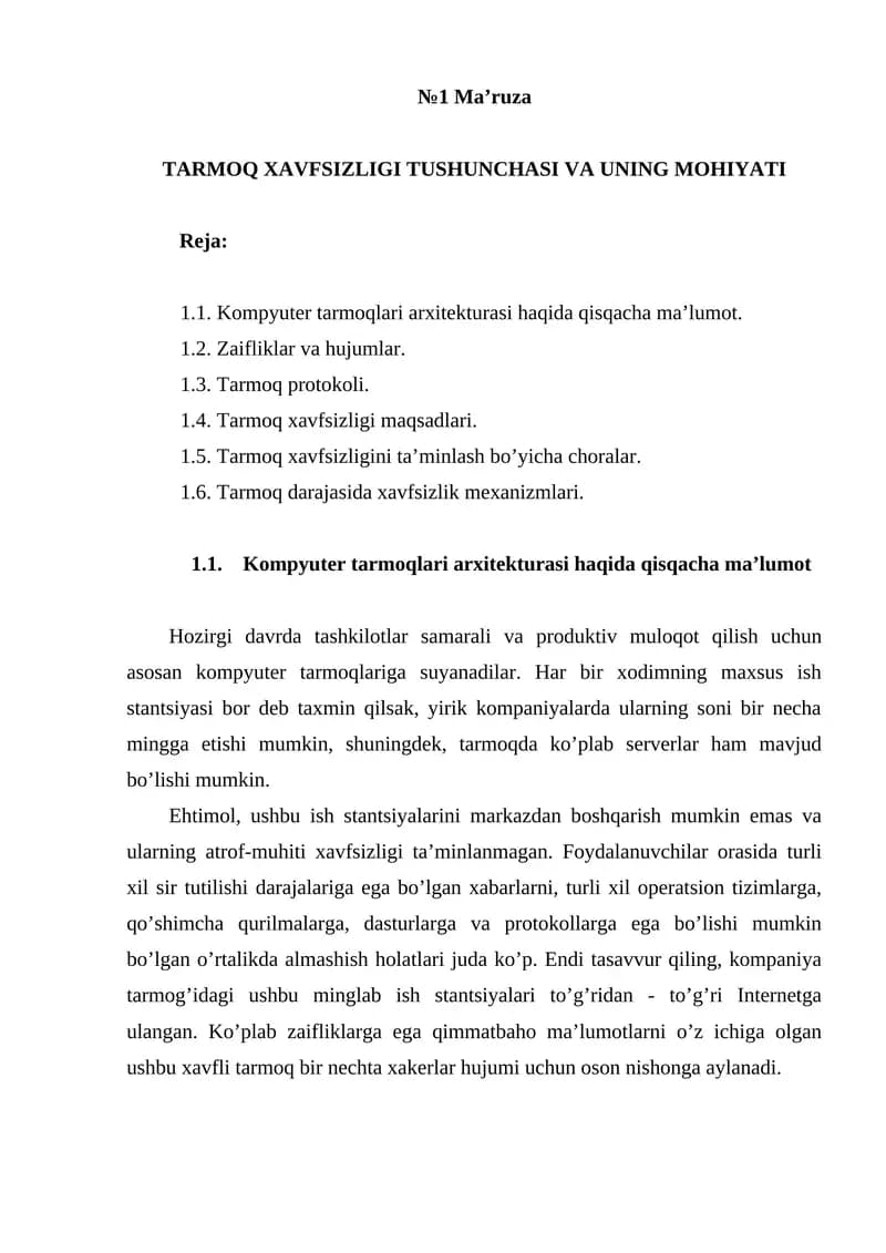 TARMOQ XAVFSIZLIGI TUSHUNCHASI VA UNING MOHIYATI
