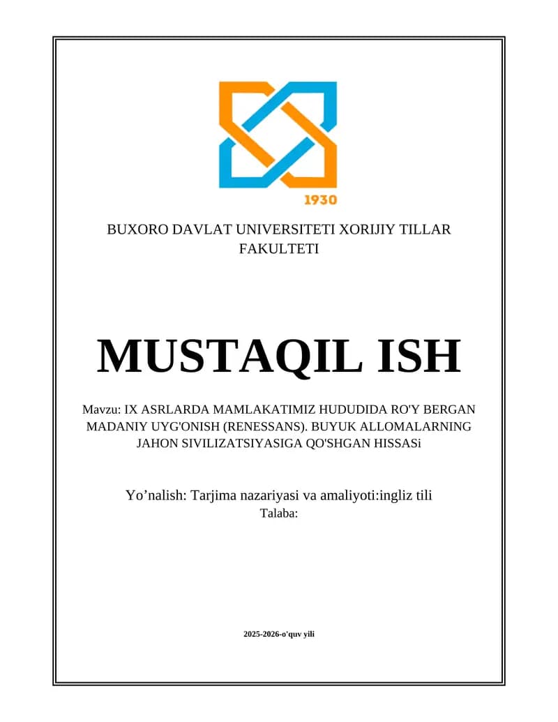 IX ASRLARDA MAMLAKATIMIZ HUDUDIDA RO'Y BERGAN MADANIY UYG'ONISH (RENESSANS)