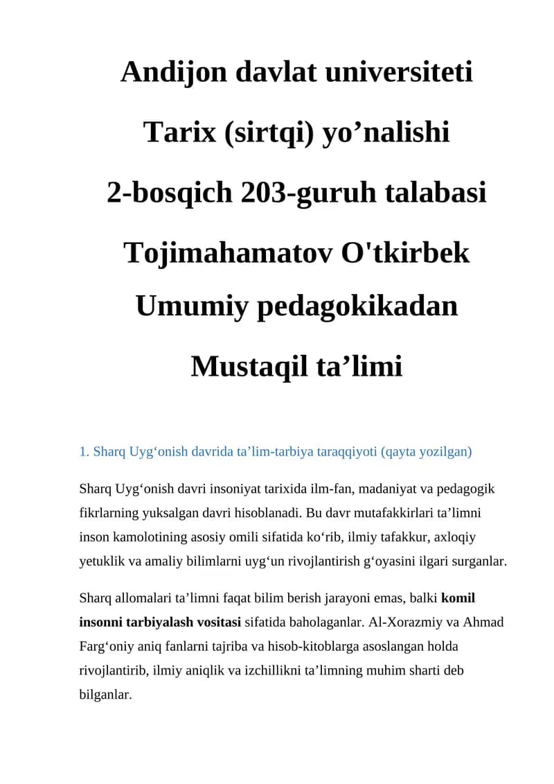 Sharq Uyg‘onish davri ta’lim-tarbiya taraqqiyoti