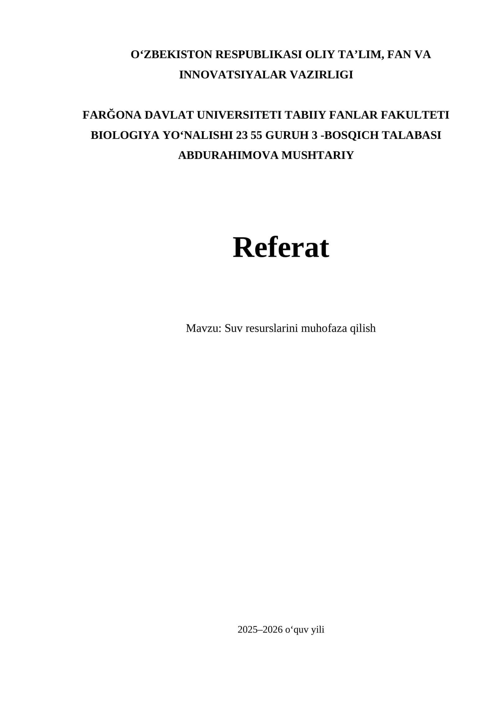 Suv resurslarini muhofaza qilish Referat