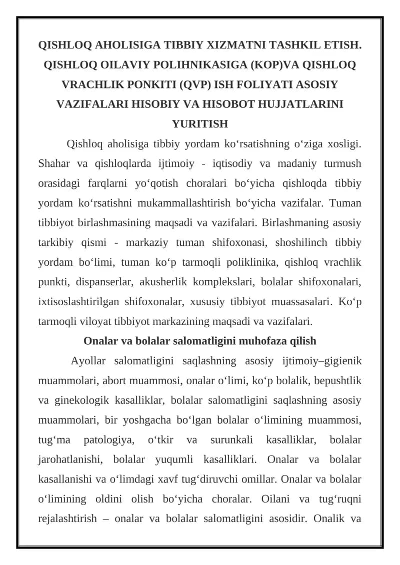 Qishloq aholisiga tibbiy xizmatni tashkil etish