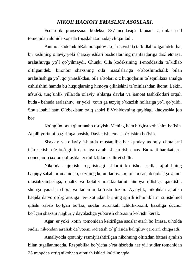 NIKOH HAQIQIY EMASLIGI ASOSLARI