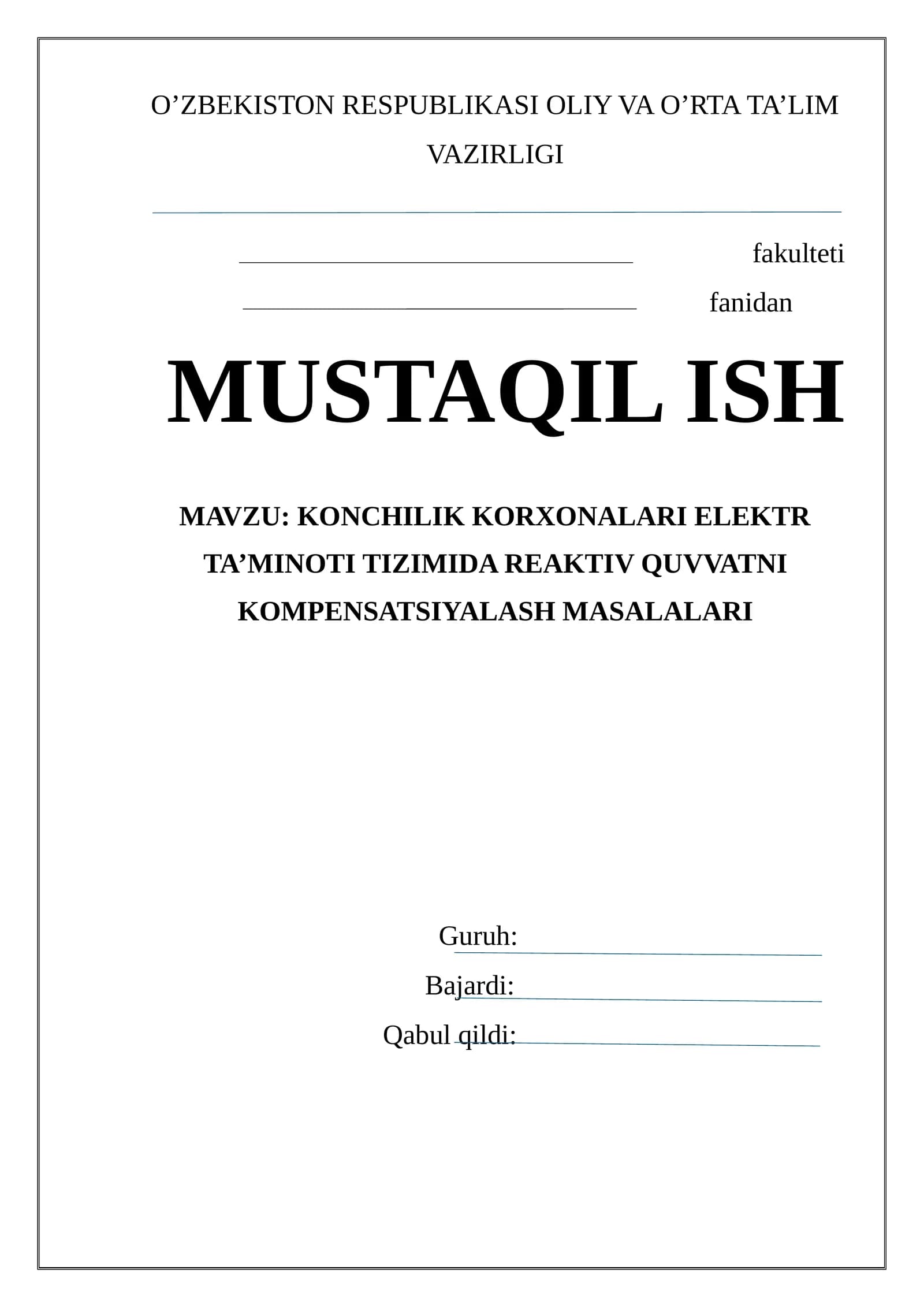 konchilik korxonaslari elektr tarmog'ida Reaktiv quvvat kompensatsiyasi
