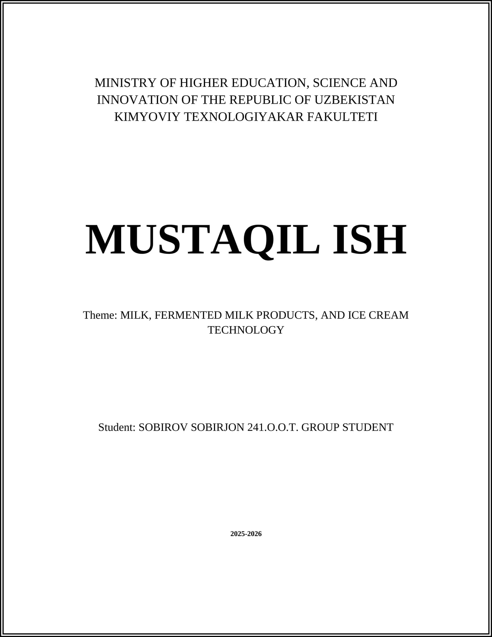 KIMYOVIY TEXNOLOGIYAKAR FAKULTETI MUSTAQIL ISH