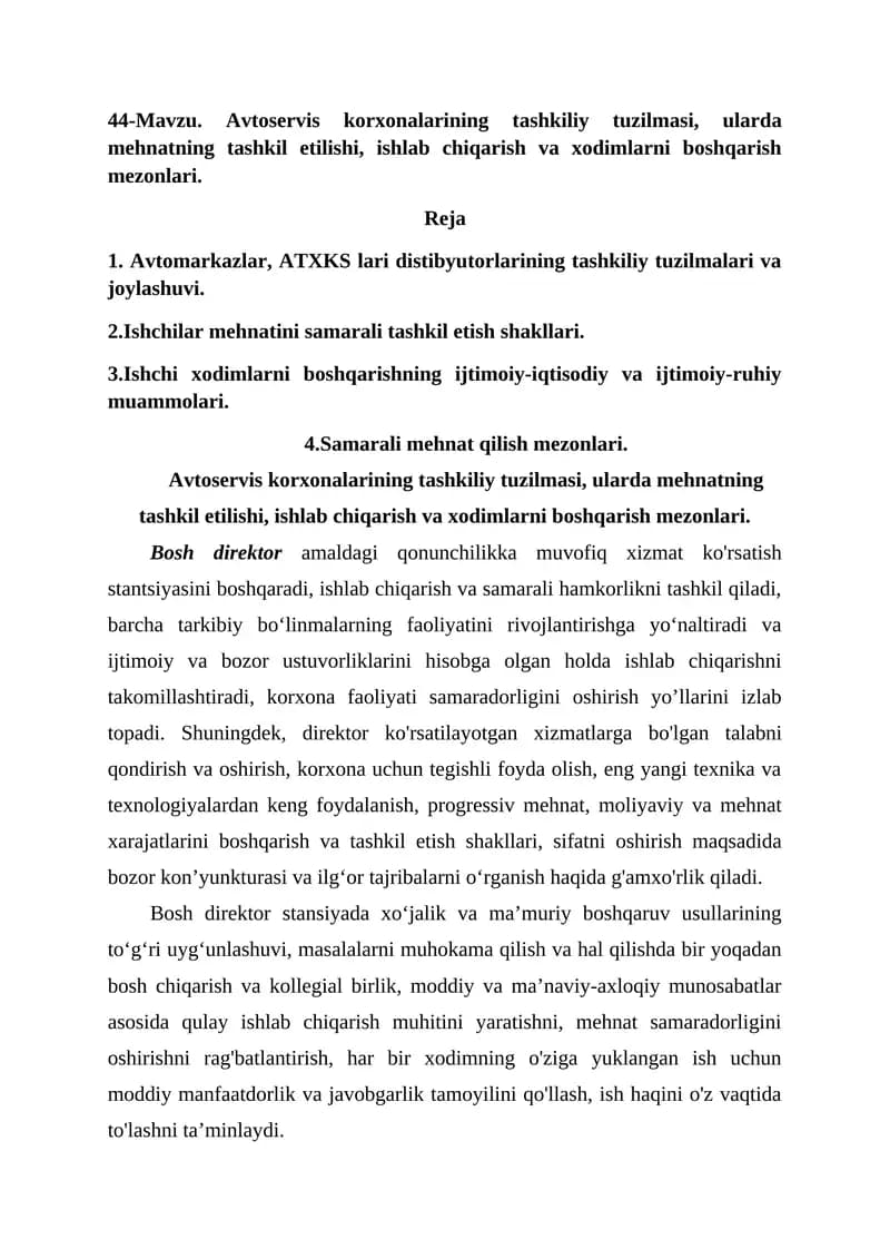 Avtoservis korxonalarining tashkiliy tuzilmasi va boshqarilishi