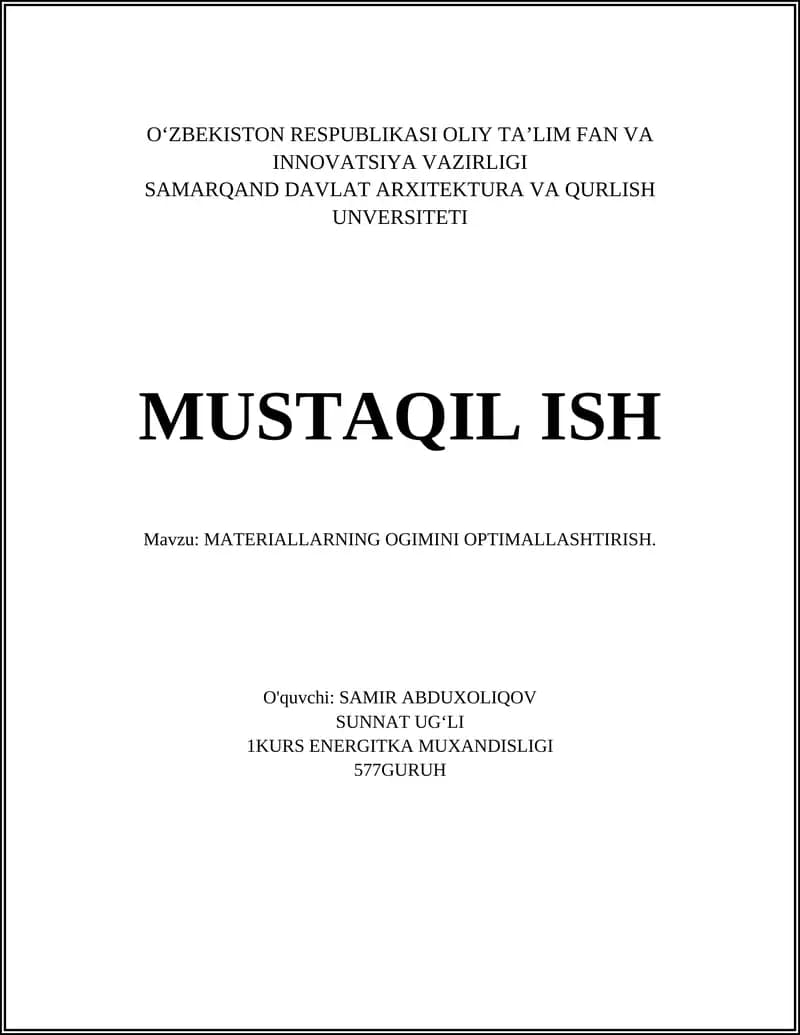 MATERIALLARNING OGIMINI OPTIMALLASHTIRISH