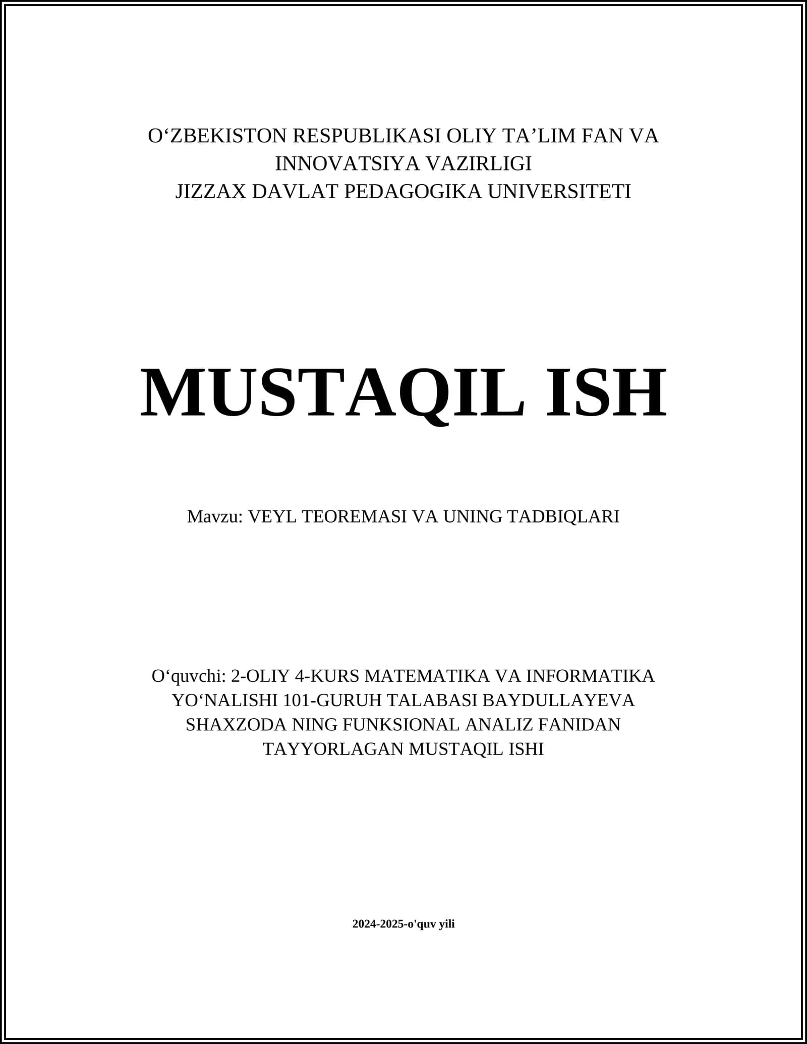 VEYL TEOREMASI VA UNING TADBIQLARI