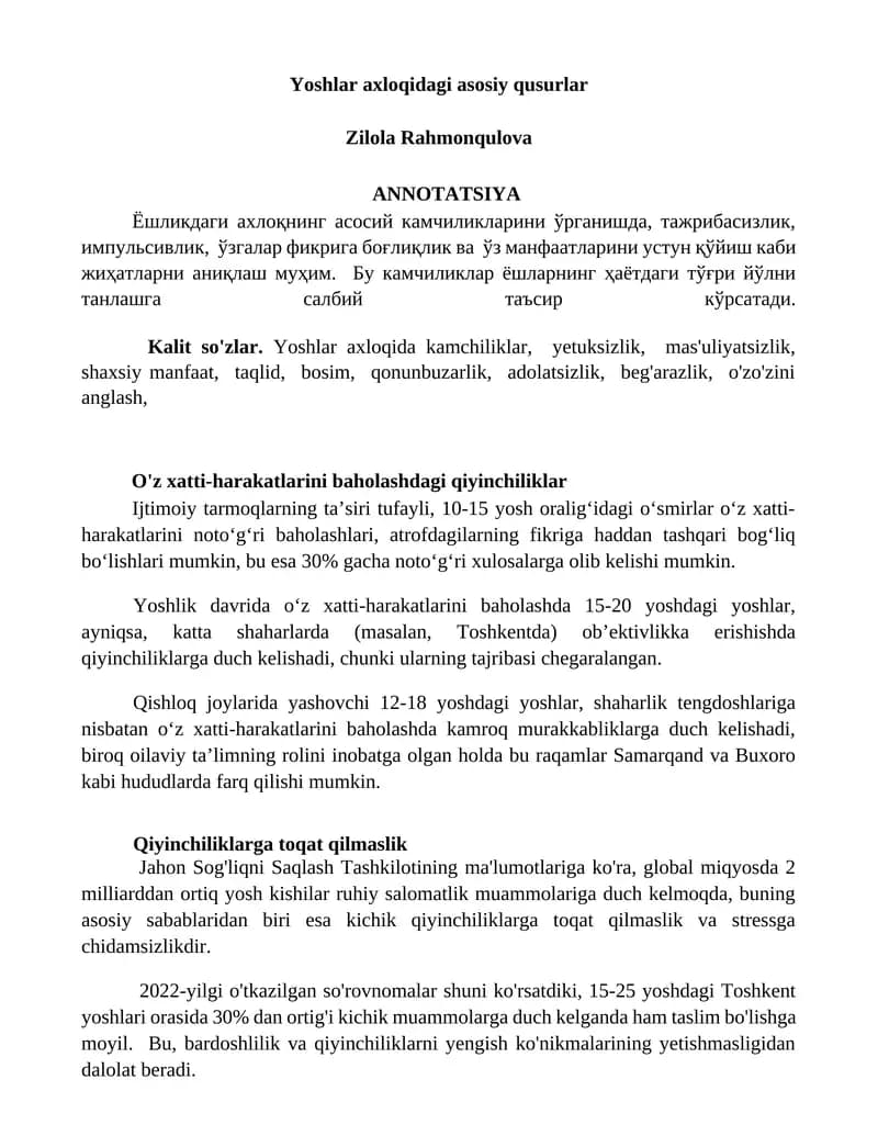 Yoshlar axloqidagi asosiy qusurlar
