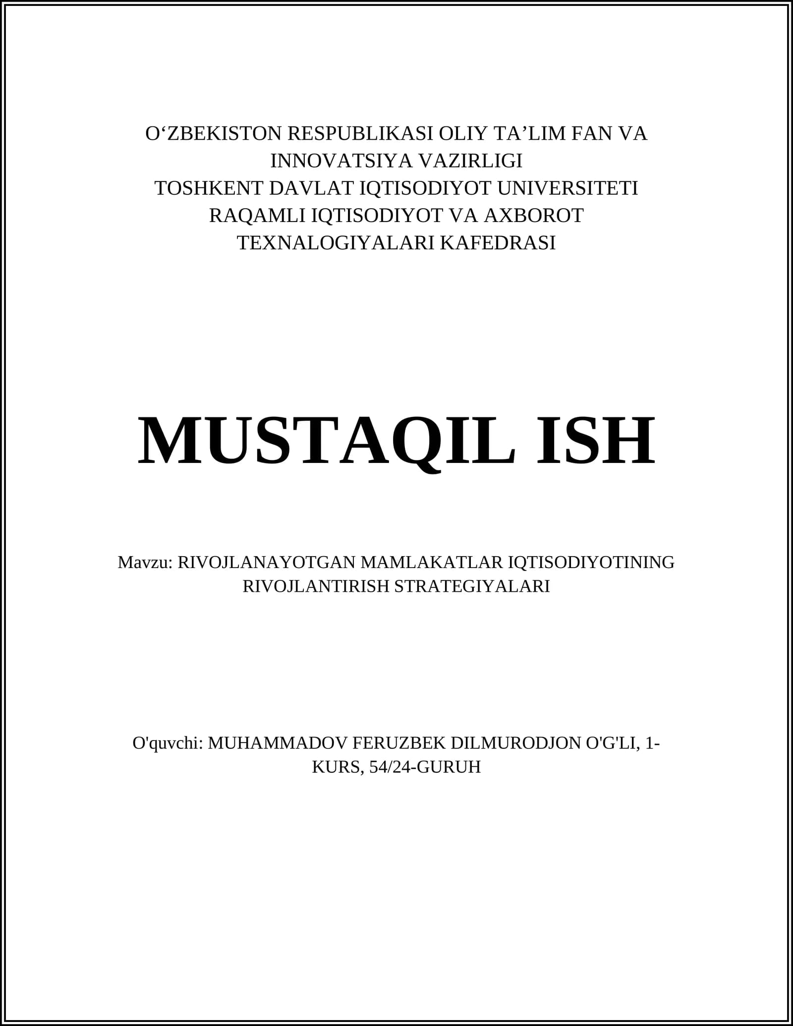 RIVOJLANAYOTGAN MAMLAKATLAR IQTISODIYOTINING RIVOJLANTIRISH STRATEGIYALARI