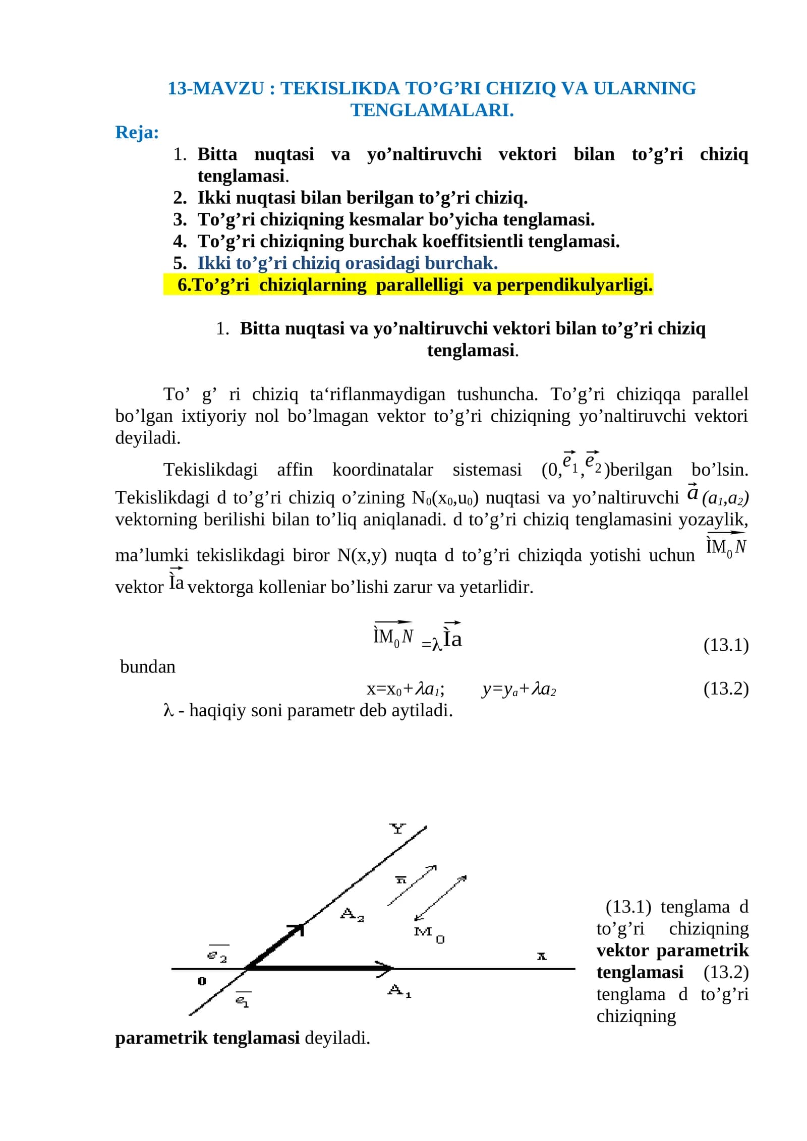 TEKISLIKDA TO’G’RI CHIZIQ VA ULARNING TENGLAMALARI