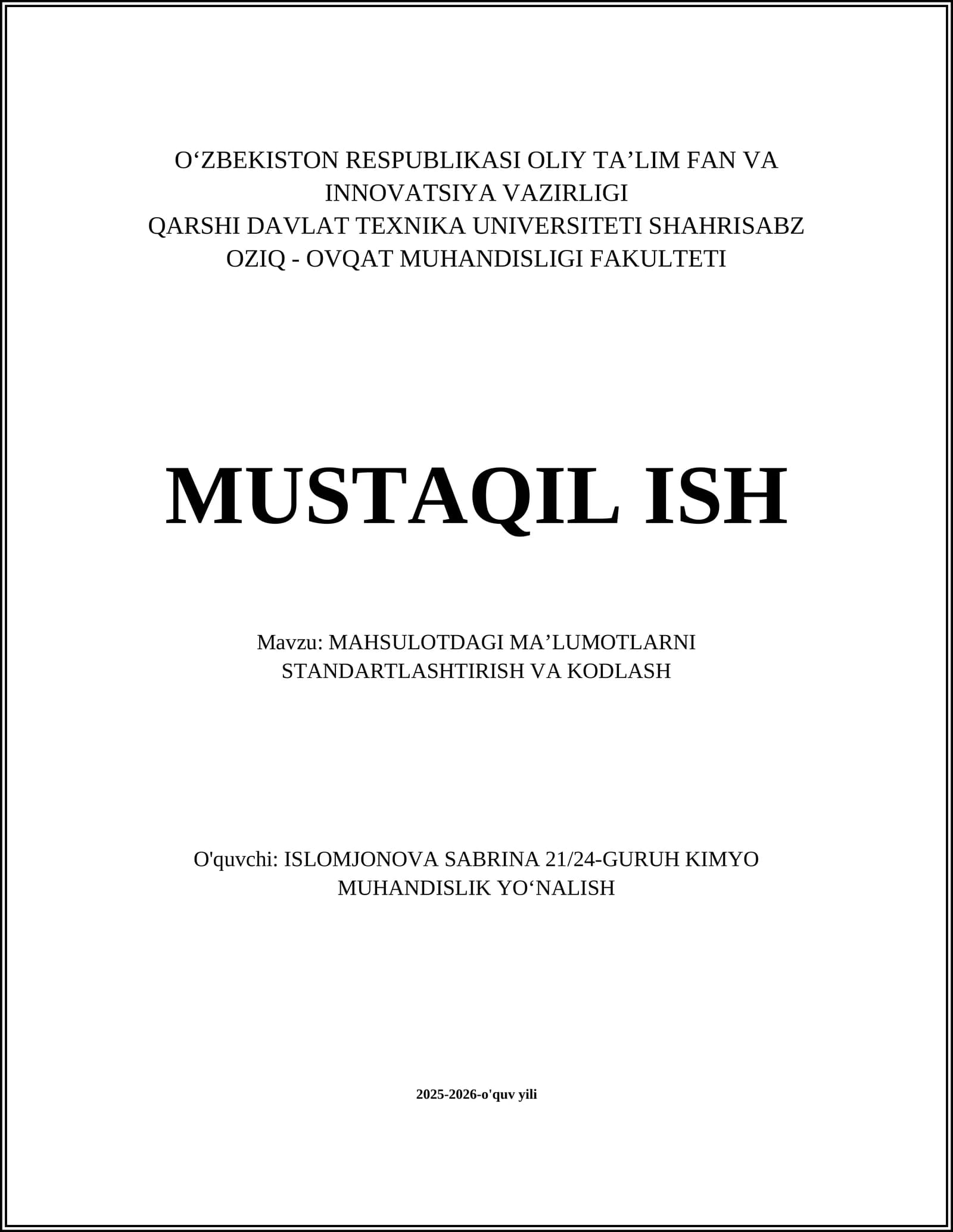 MAHSULOTDAGI MAʼLUMOTLARNI STANDARTLASHTIRISH VA KODLASH