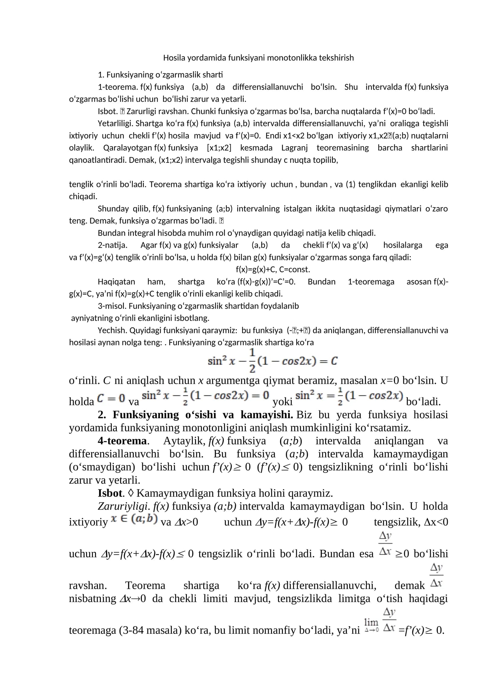 Funksiyani monotonlikka tekshirish