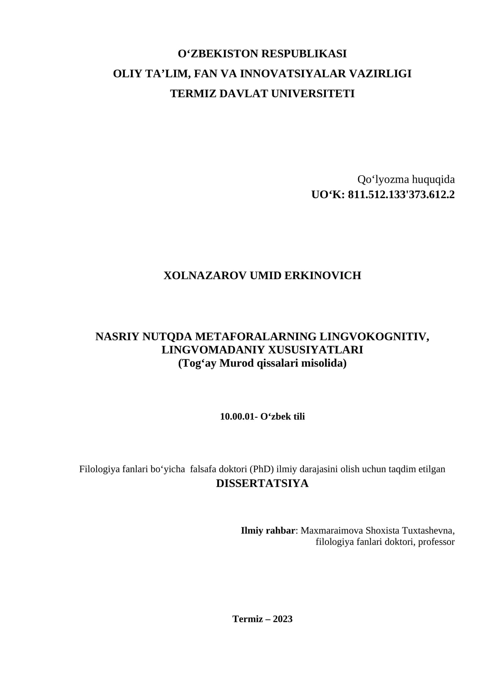 NASRIY NUTQDA METAFORALARNING LINGVOKOGNITIV, LINGVOMADANIY XUSUSIYATLARI