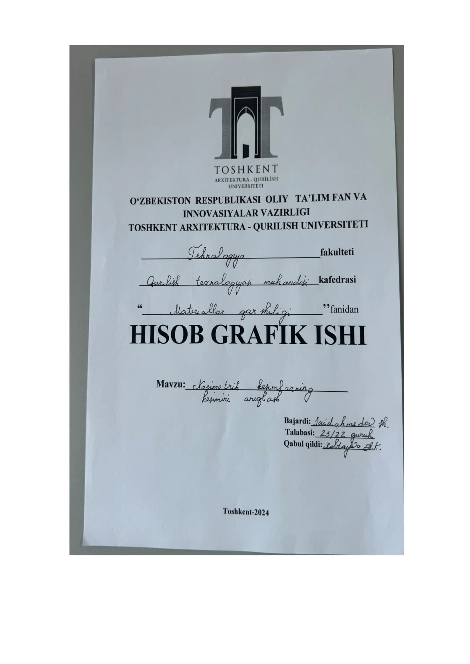 hisob girafik ishi. nosmetrik kesimlarni kesimini aniqlash.
