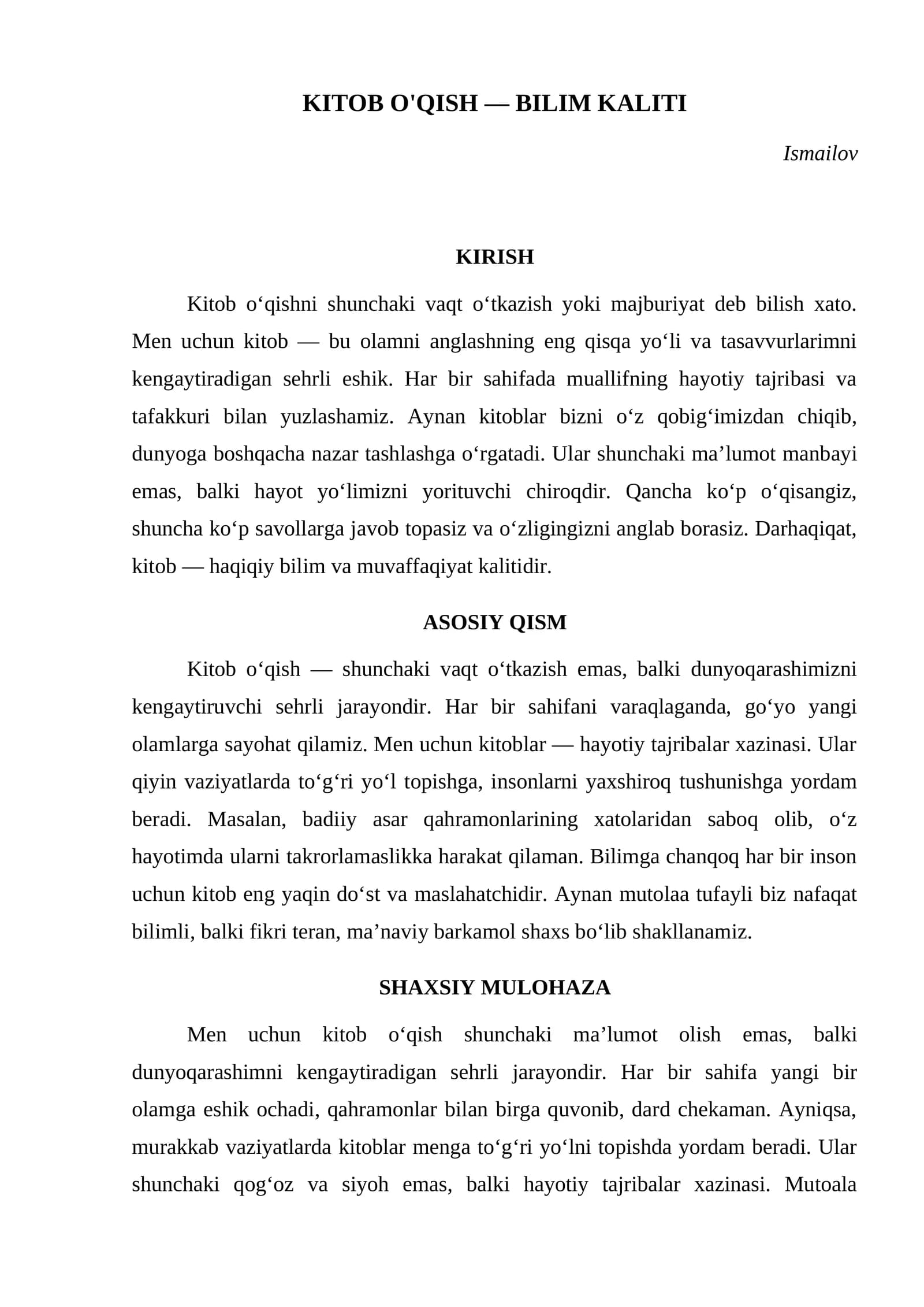 KITOB O'QISH — BILIM KALITI