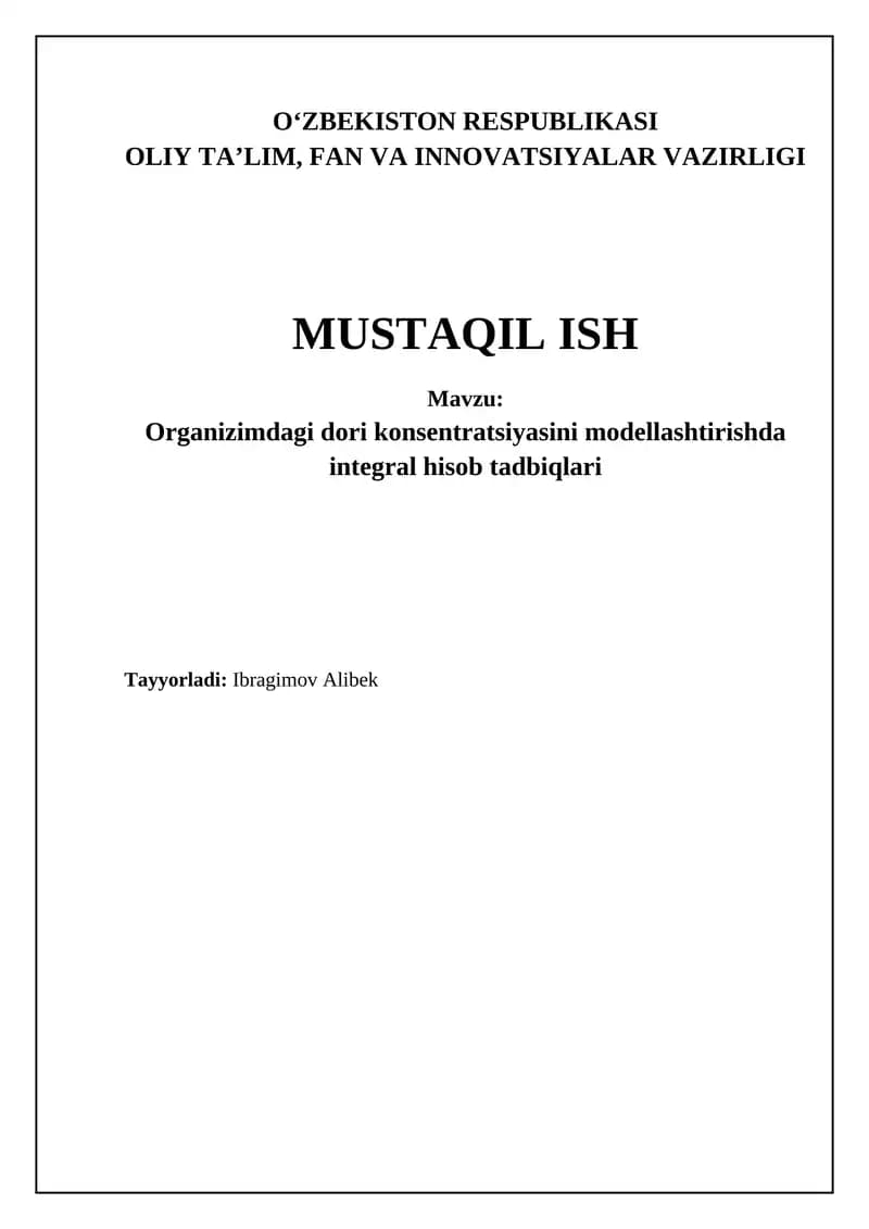 Organizimdagi dori konsentratsiyasini modellashtirishda integral hisob tadbiqlari