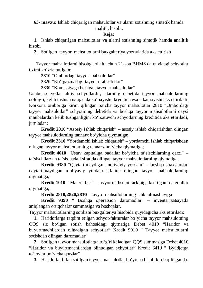 Ishlab chiqarilgan mahsulotlar va ularni sotishning sintetik hamda analitik hisobi