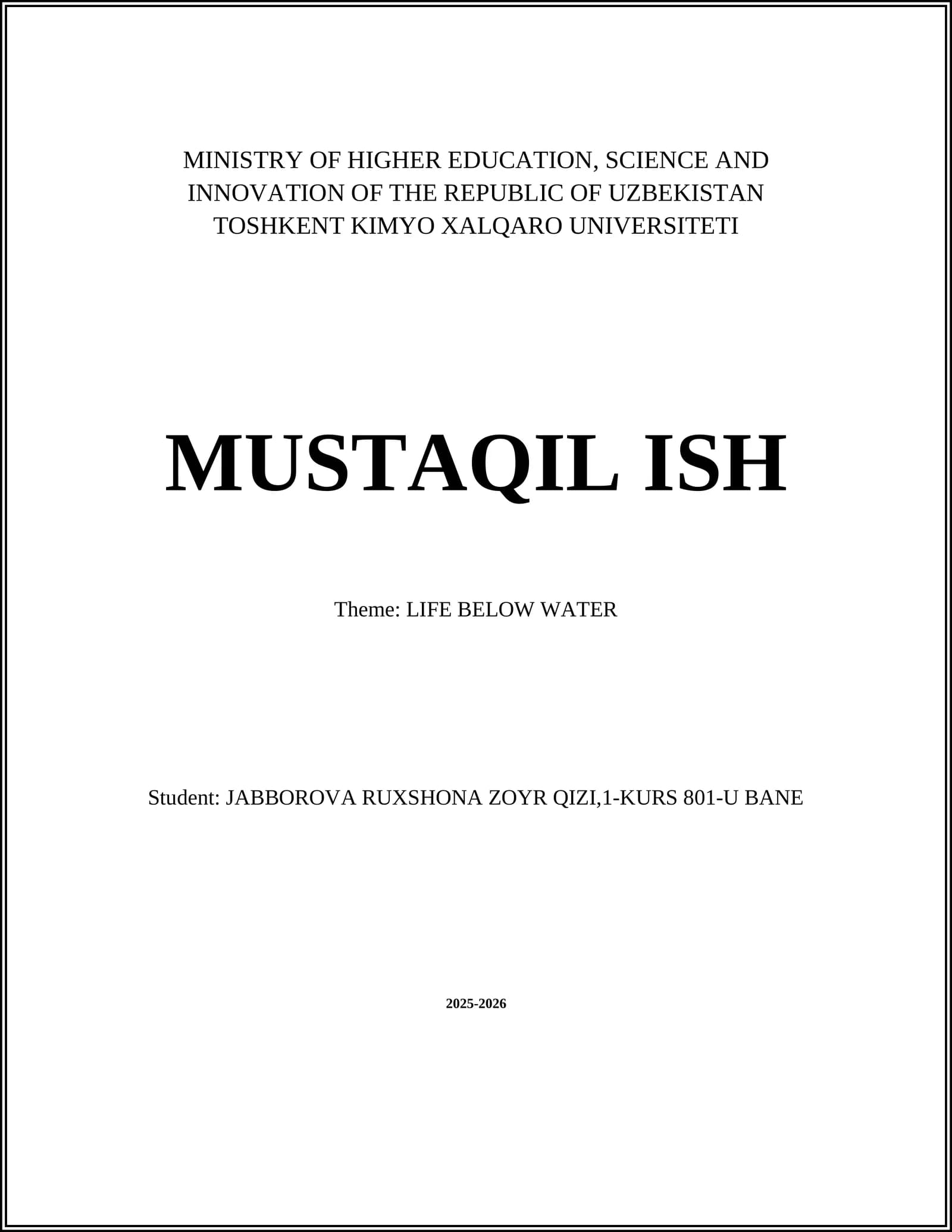 TOSHKENT KIMYO XALQARO UNIVERSITETI MUSTAQIL ISH