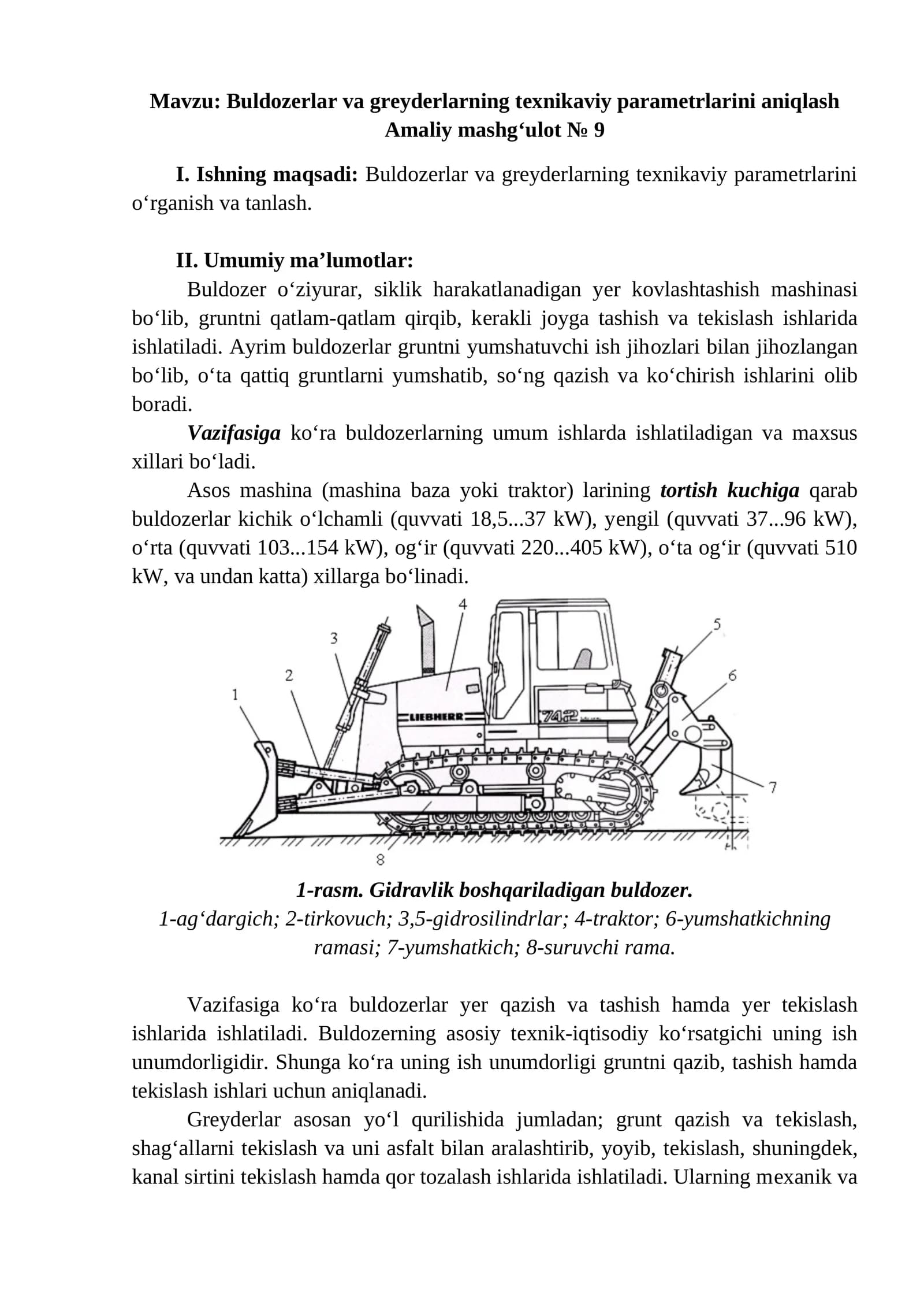 Buldozerlar va greyderlarning texnikaviy parametrlarini aniqlash