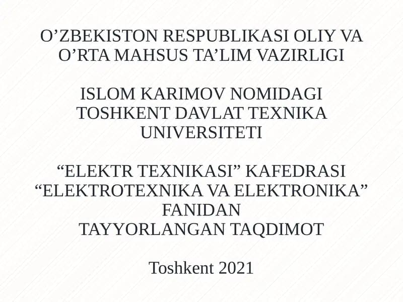 Toshkent Davlat Texnika Universiteti, Elektro Texnikasi Kafedrasi