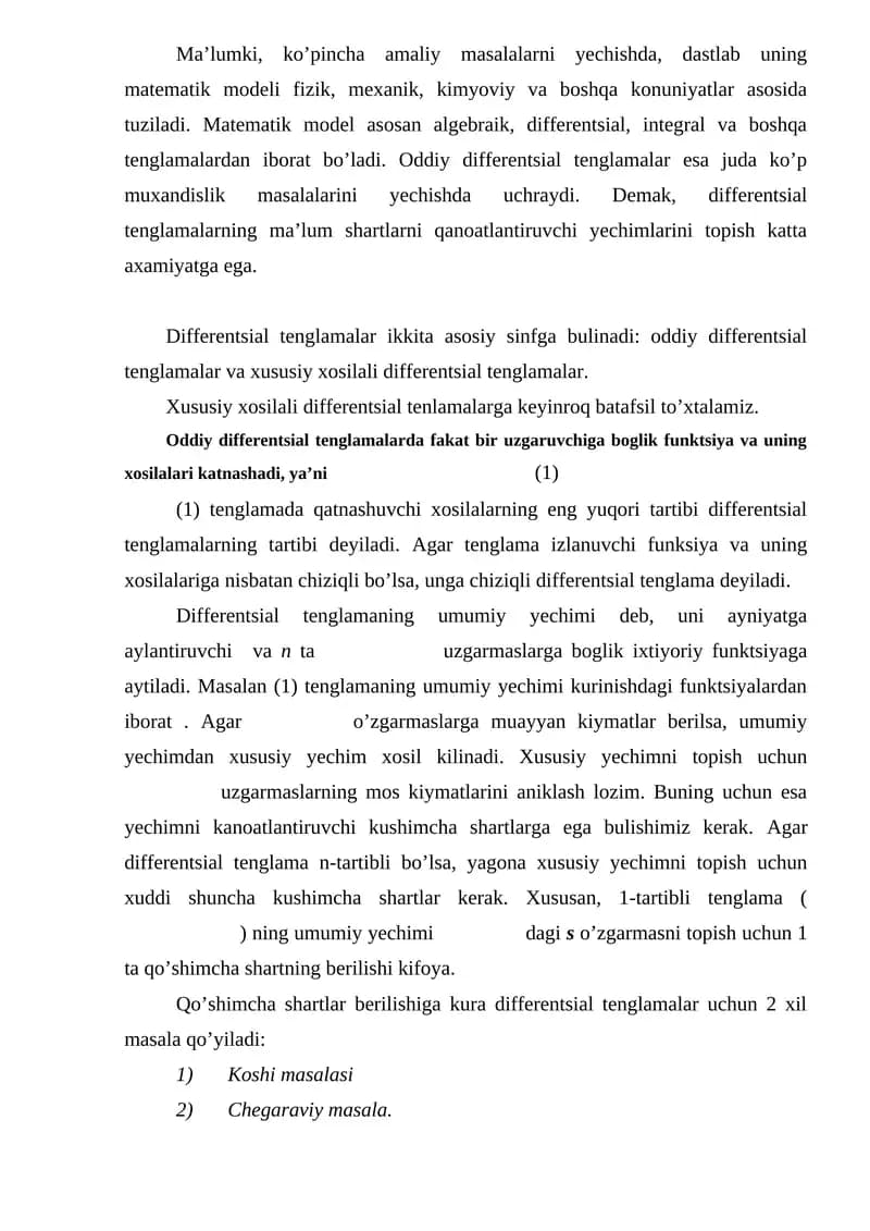 Odatiy differentsial tenglamalar. Asosiy sinf