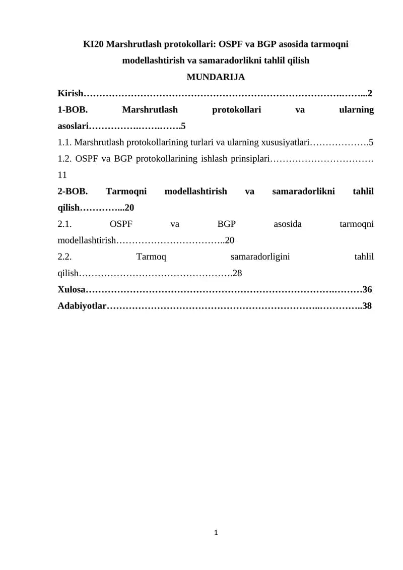 KI20 Marshrutlash protokollari: OSPF va BGP asosida tarmoqni modellashtirish va samaradorlikni tahlil qilish