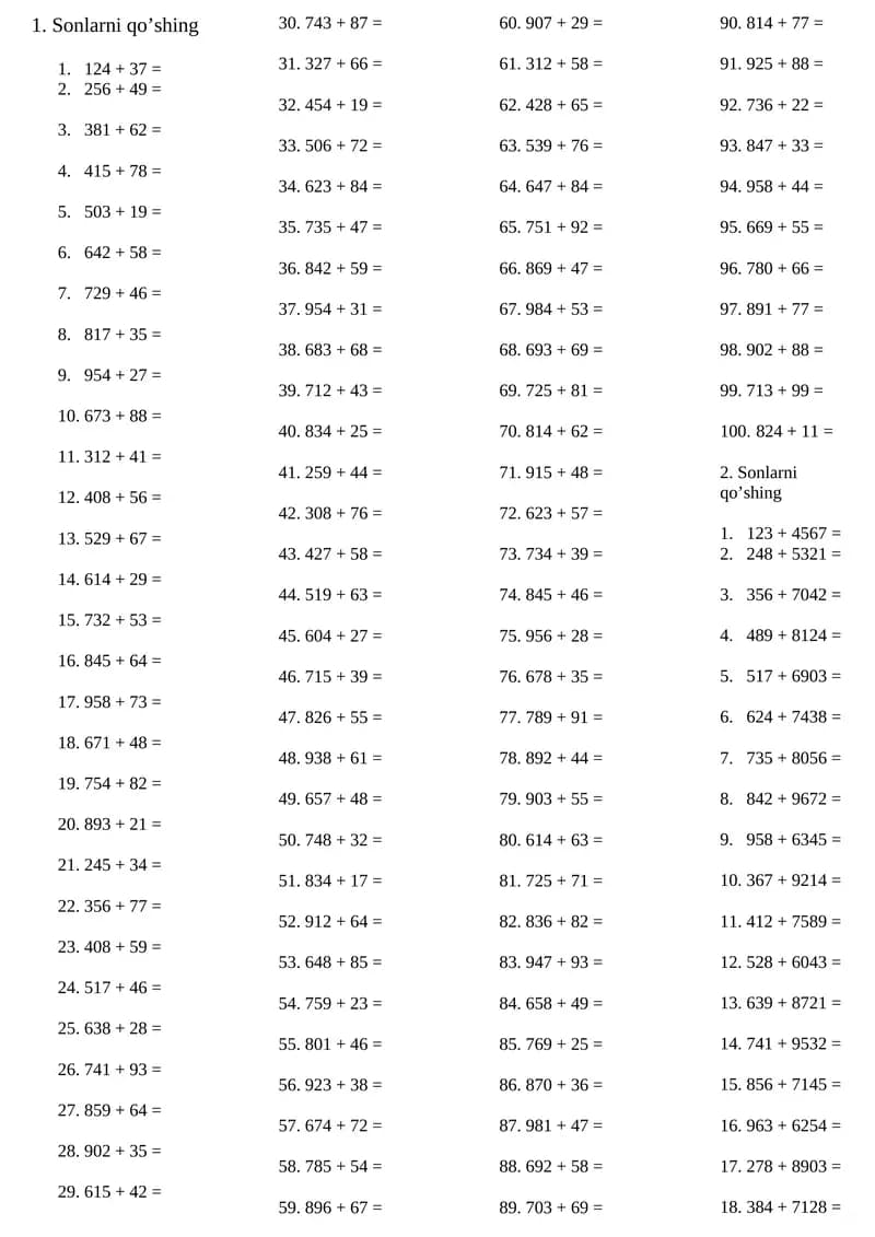 2-4-sinf uchun matematikadan 1200 ta misol