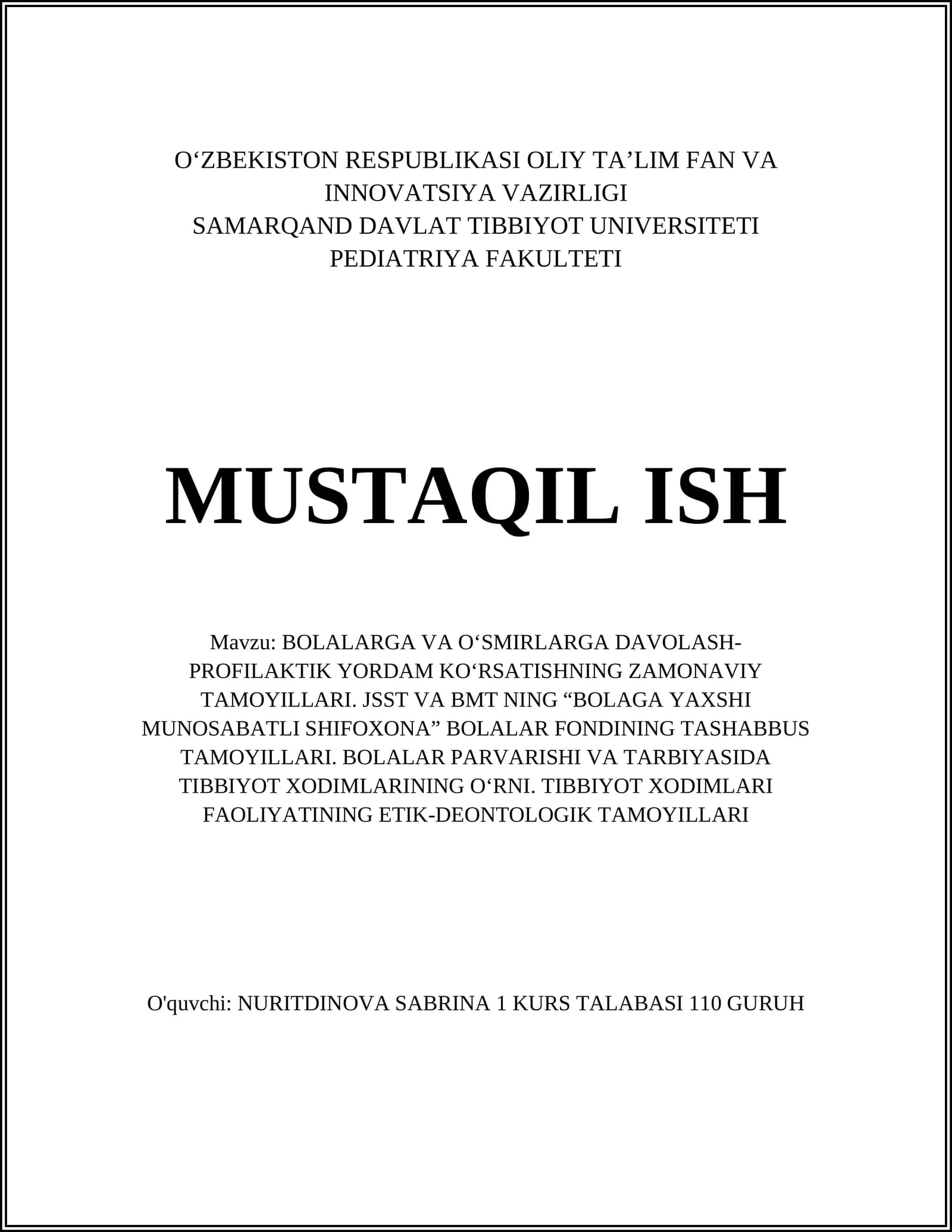 BOLALARGA VA O‘SMIRLARGA DAVOLASH-PROFILAKTIK YORDAM KO‘RSATISHNING ZAMONAVIY TAMOYILLARI