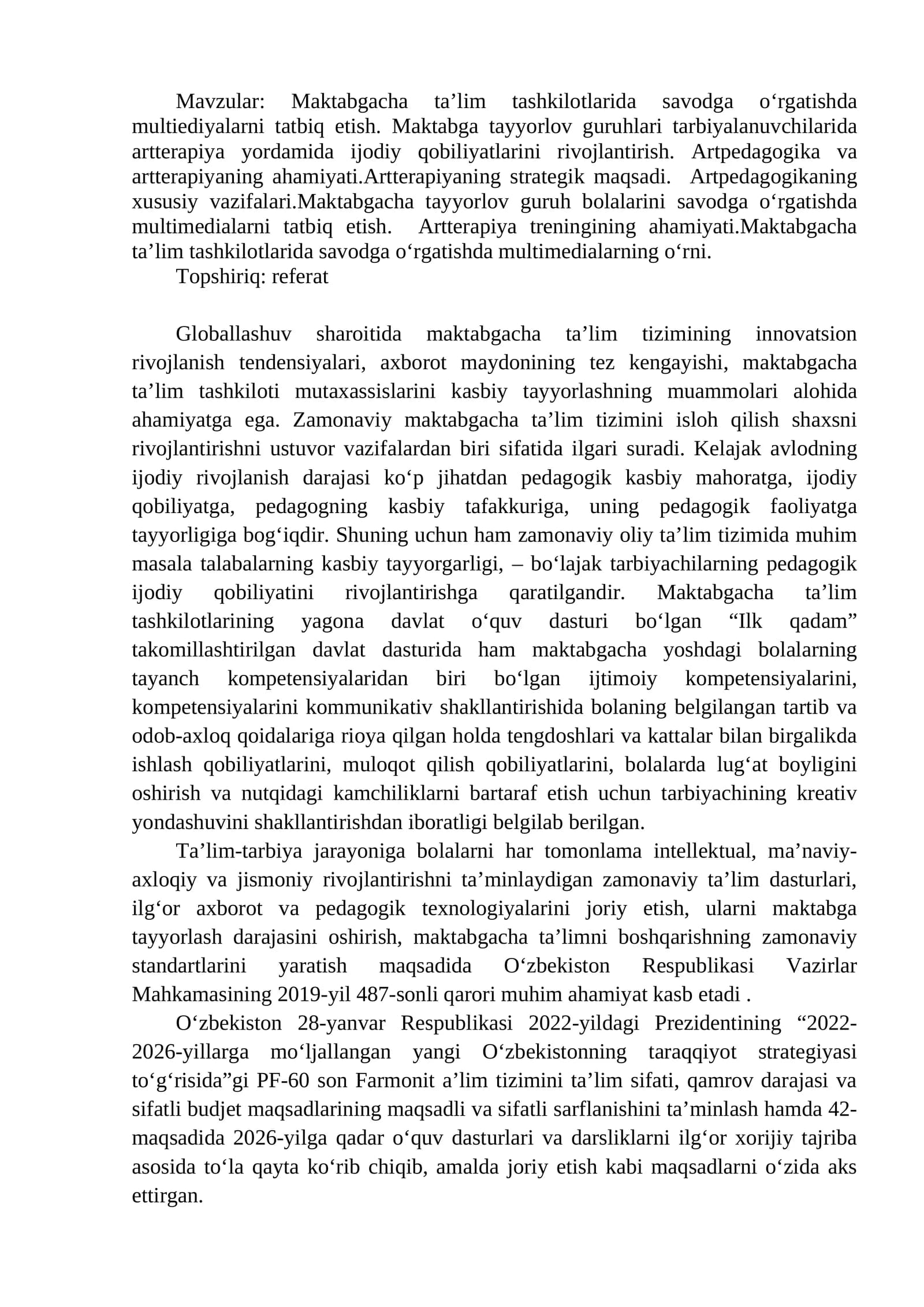 Maktabgacha ta’lim tashkilotlarida multiediyalar va artterapiya