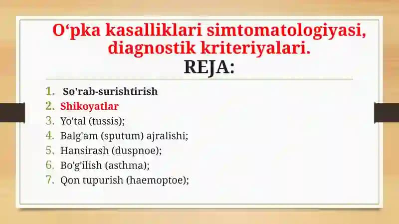 Oʻpka kasalliklari simtomatologiyasi