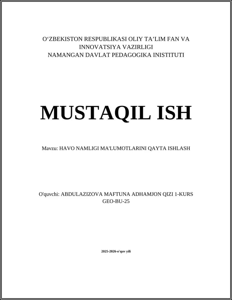 HAVO NAMLIGI MA'LUMOTLARINI QAYTA ISHLASH