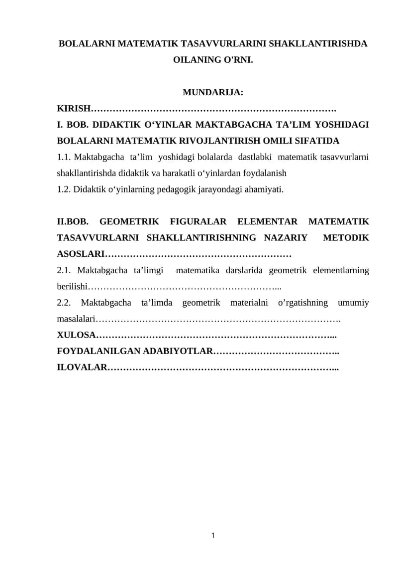 BOLALARNI MATEMATIK TASAVVURLARINI SHAKLLANTIRISHDA OILANING O'RNI