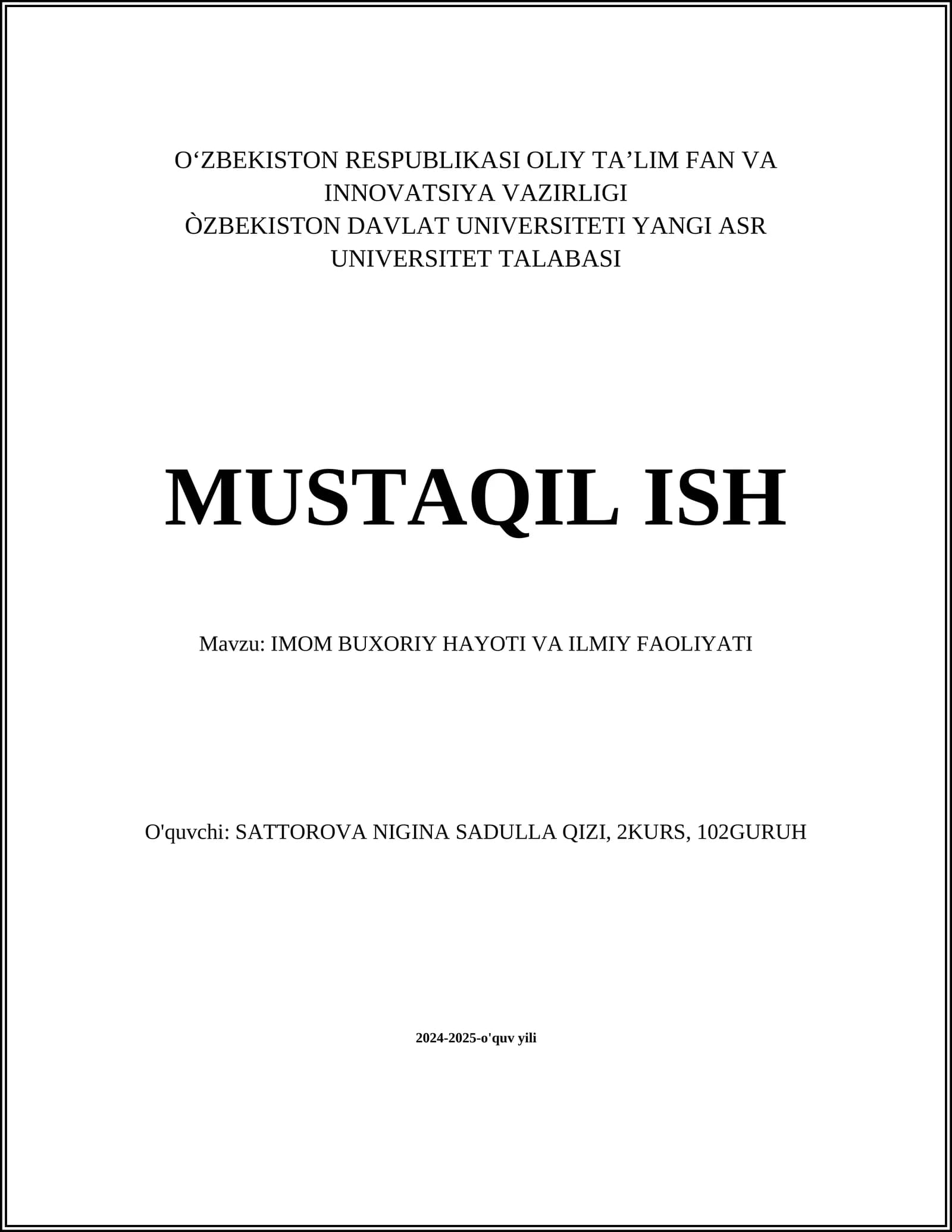 Imom Buxoriy hayoti va ilmiy faoliyati