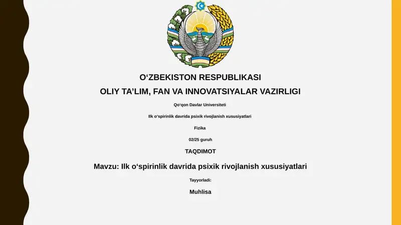 Ilk oʻspirinlik davrida psixik rivojlanish xususiyatlari