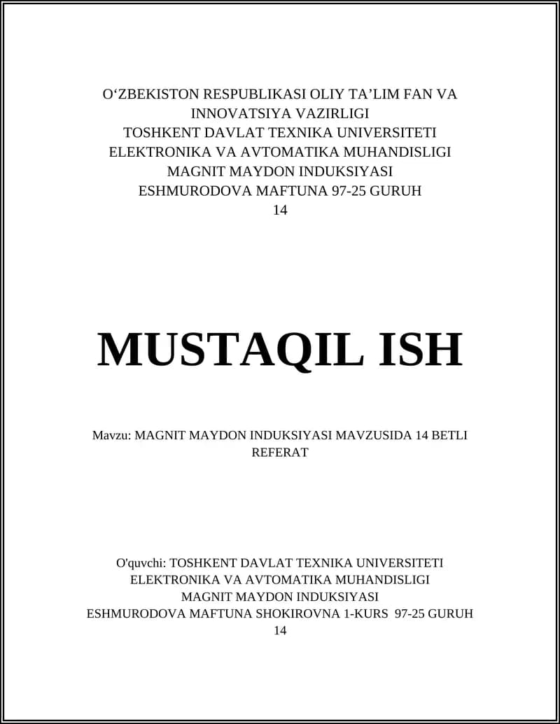 MAGNIT MAYDON INDUKSIYASI MAVZUSIDA 14 BETLI REFERAT