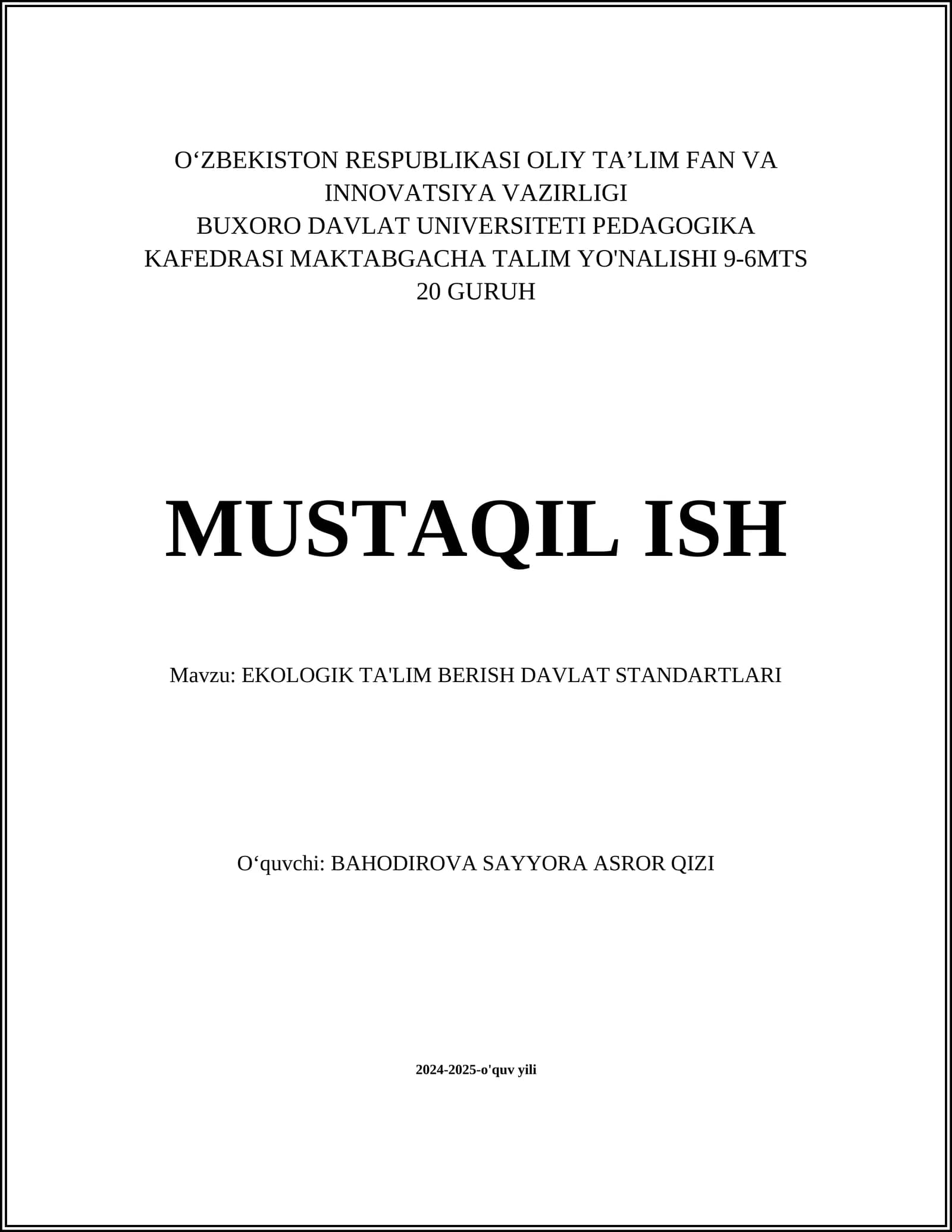 EKOLOGIK TA'LIM BERISH DAVLAT STANDARTLARI