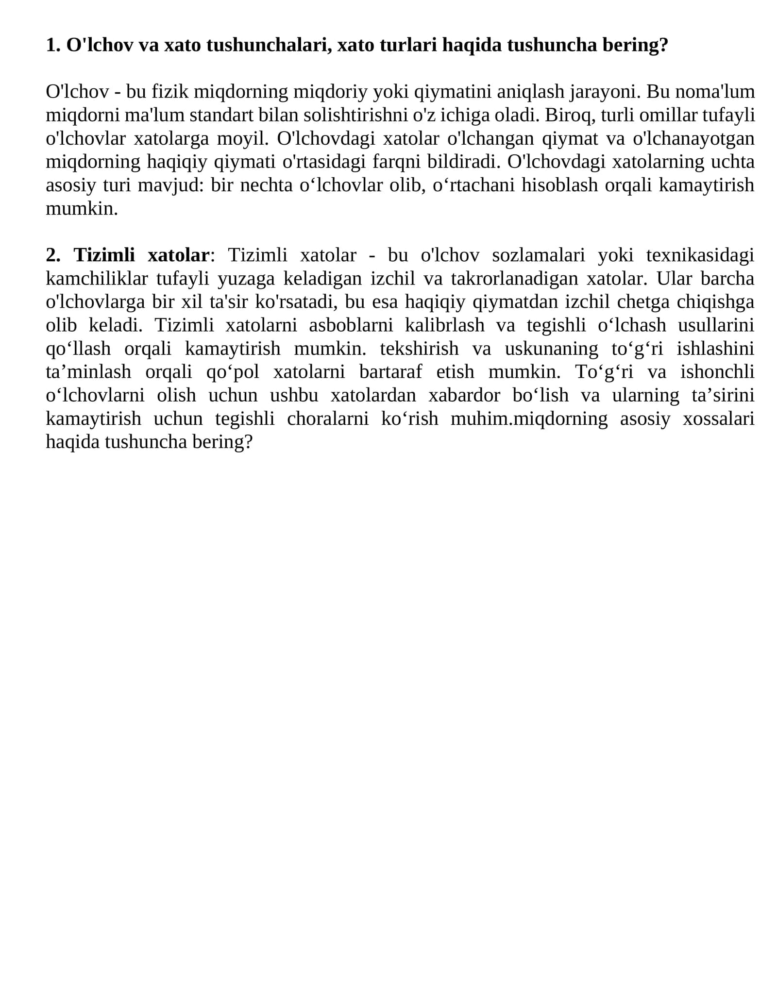 O'lchov va xato tushunchalari, xato turlari