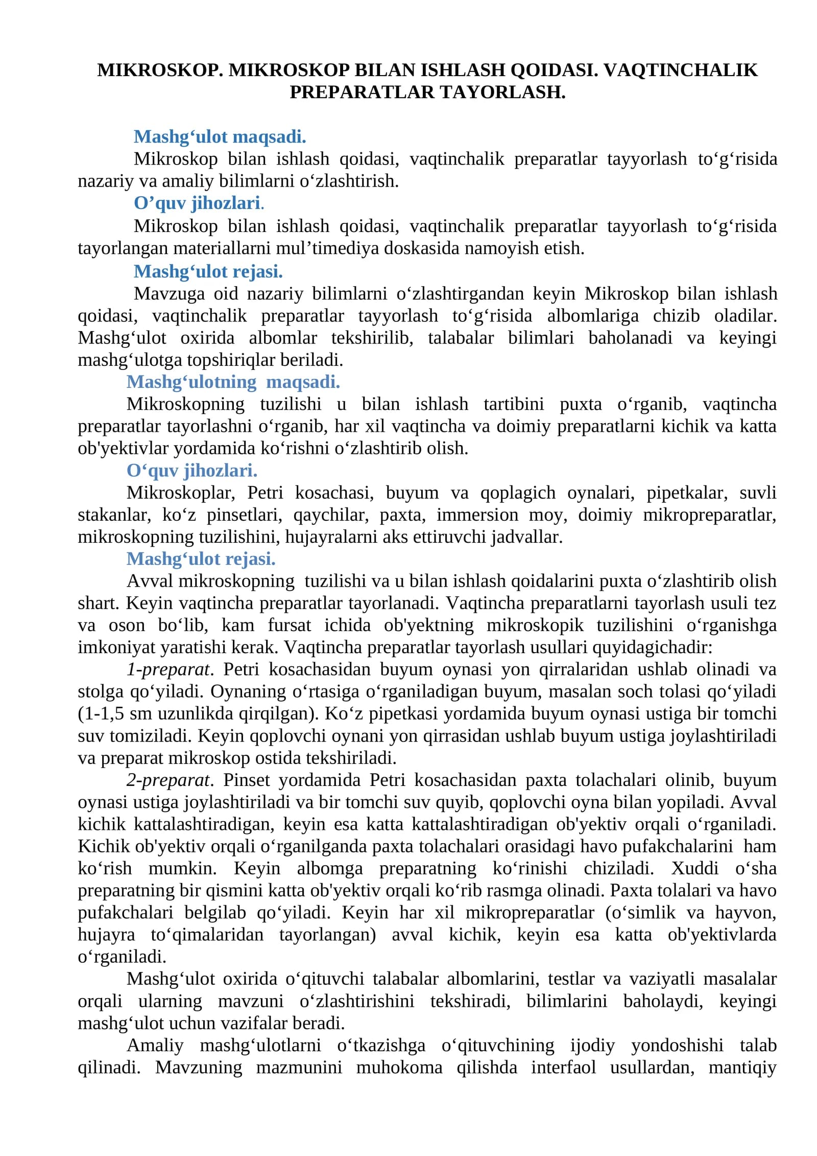MIKROSKOP. MIKROSKOP BILAN ISHLASH QOIDASI. VAQTINCHALIK PREPARATLAR TAYORLASH