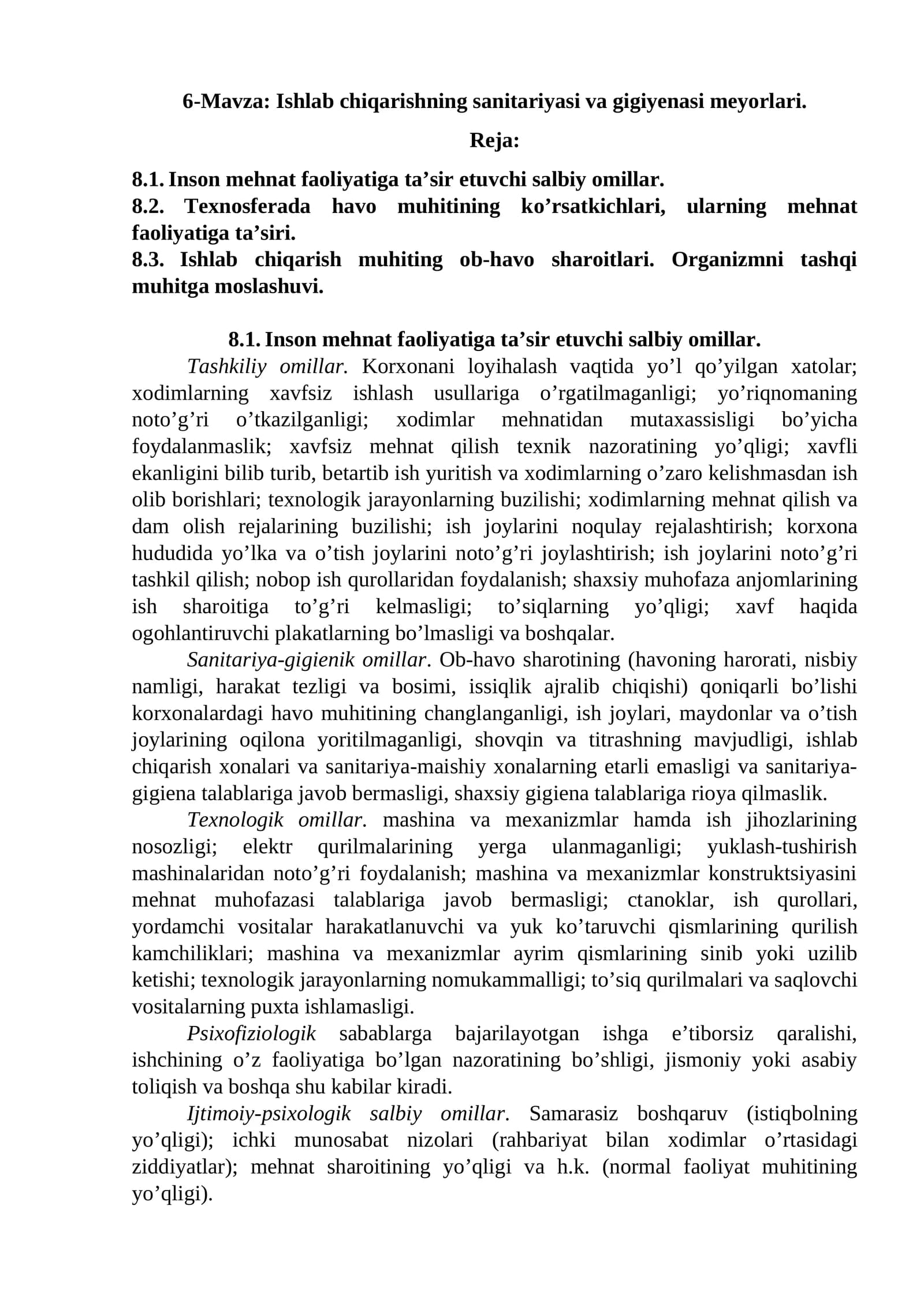 Ishlab chiqarishning sanitariyasi va gigiyenasi meyorlari