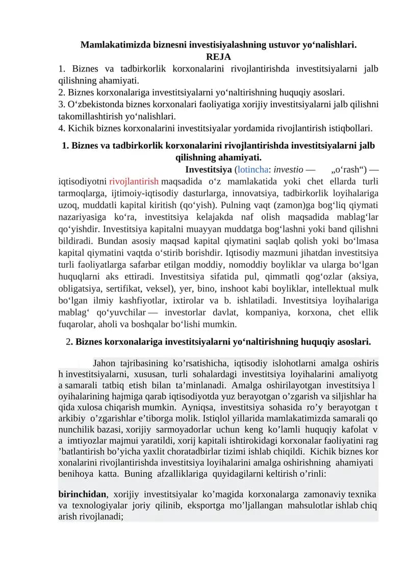 Mamlakatimizda biznesni investisiyalashning ustuvor yo‘nalishlari.