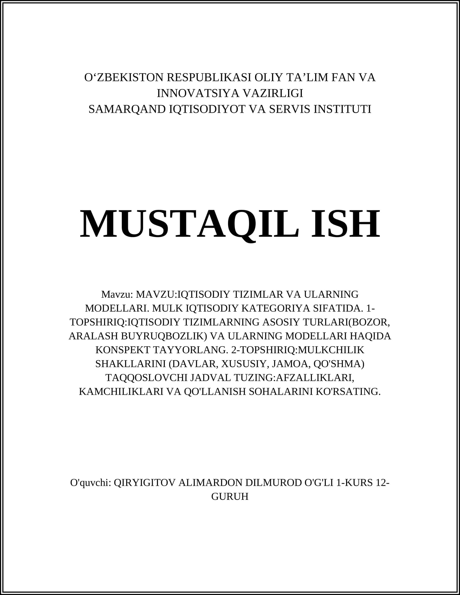 IQTISODIY TIZIMLAR VA ULARNING MODELLARI