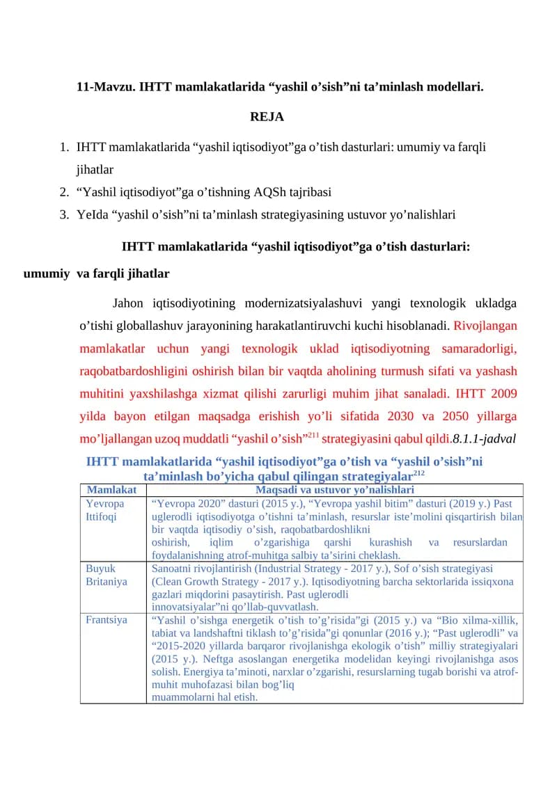 IHTT mamlakatlarida “yashil iqtisodiyot”ga o’tish dasturlari: umumiy va farqli jihatlar