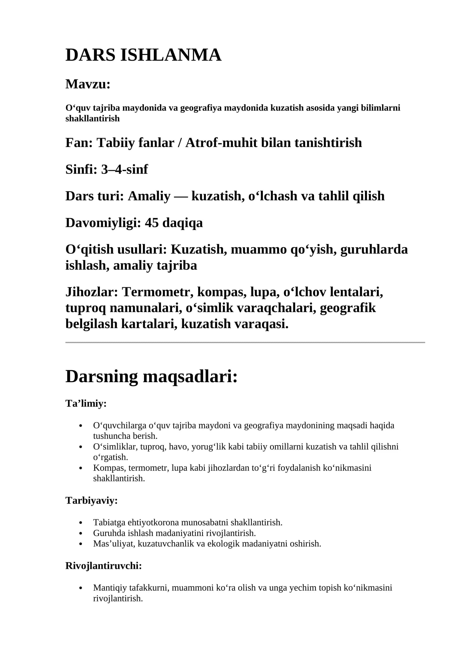 O‘quv tajriba maydonida va geografiya maydonida kuzatish asosida yangi bilimlarni shakllantirish