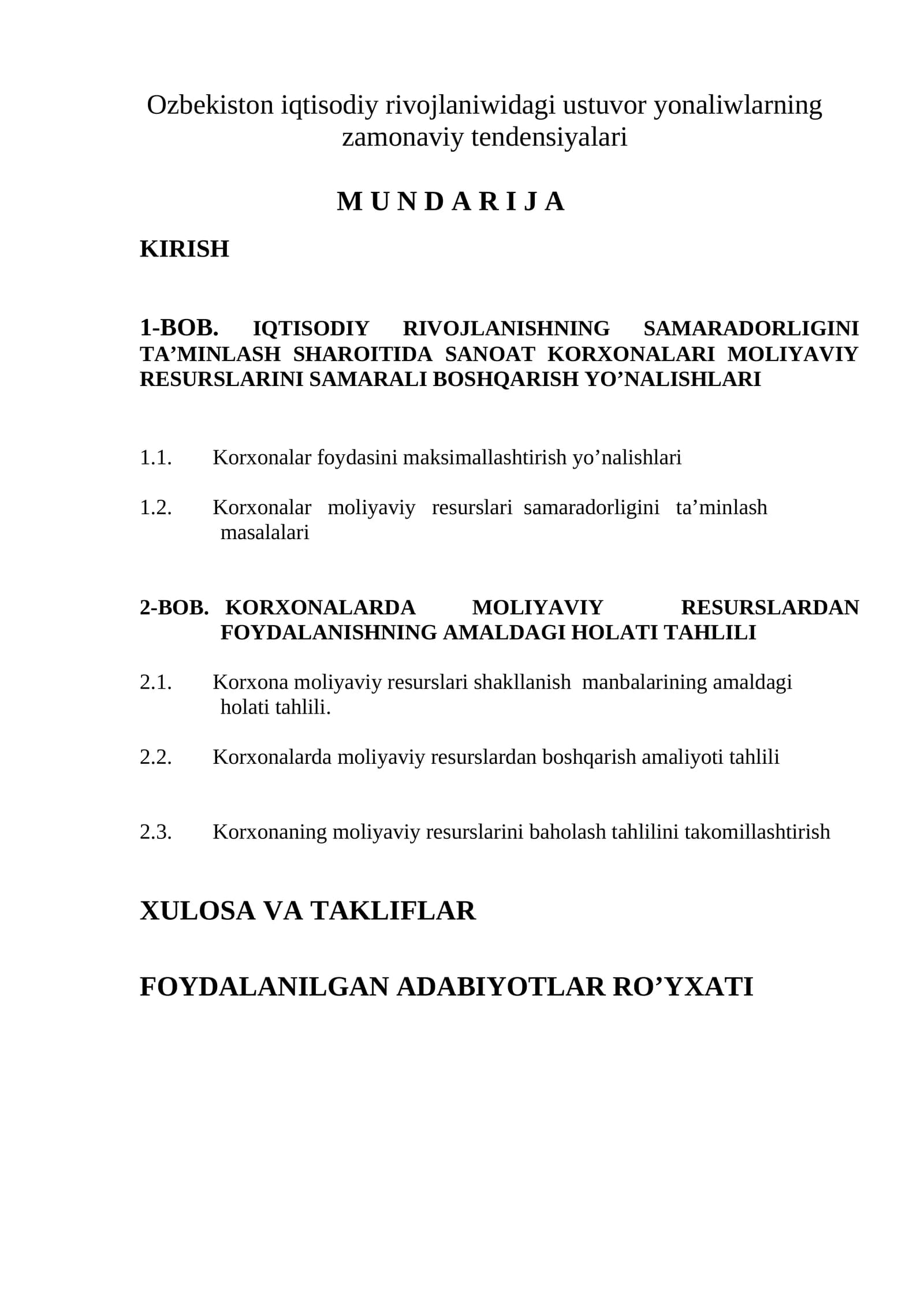 Ozbekiston iqtisodiy rivojlaniwidagi ustuvor yonaliwlarning zamonaviy tendensiyalari