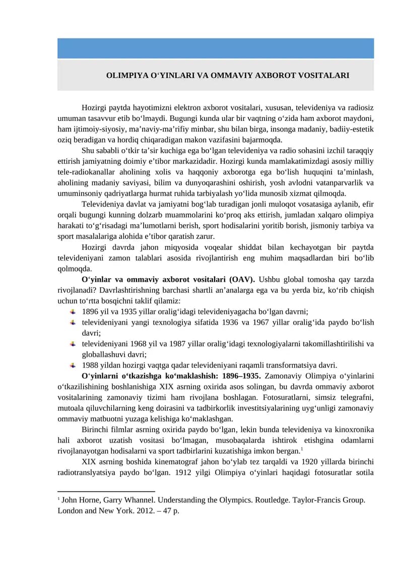 Olimpiya O‘yinlari va Ommaviy Axborot Vositalari