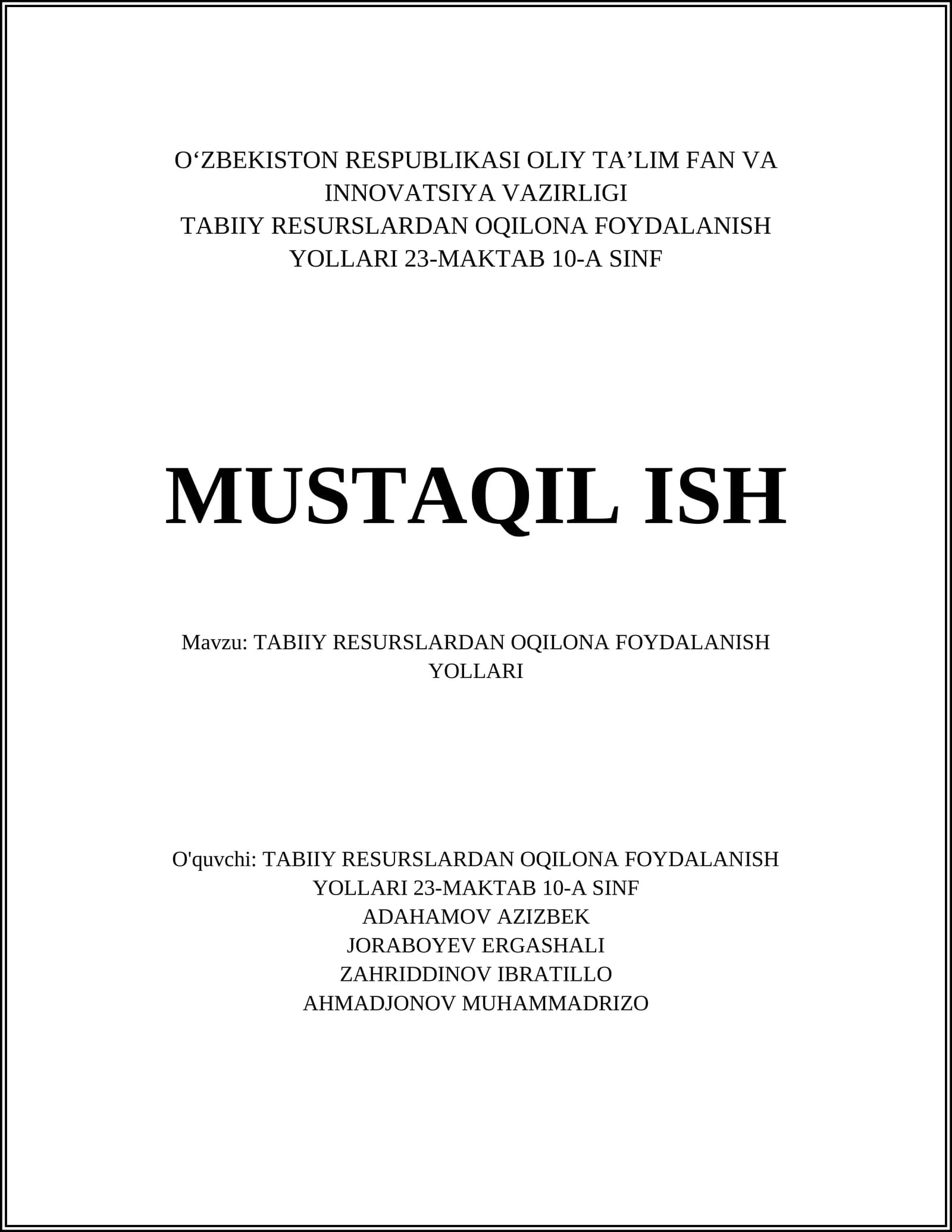 O‘ZBEKISTON RESPUBLIKASI OLIY TA’LIM FAN VA INNOVATSIYA VAZIRLIGI