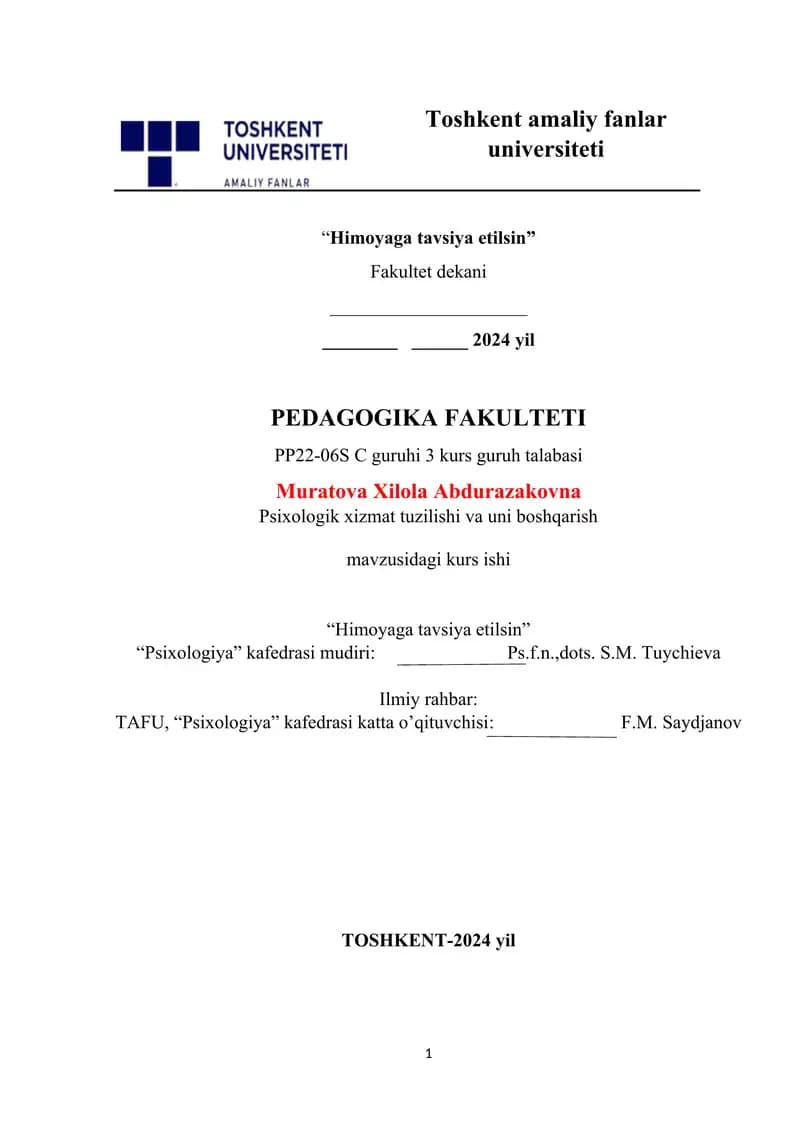 Psixologik xizmat tuzilishi va uni boshqarish