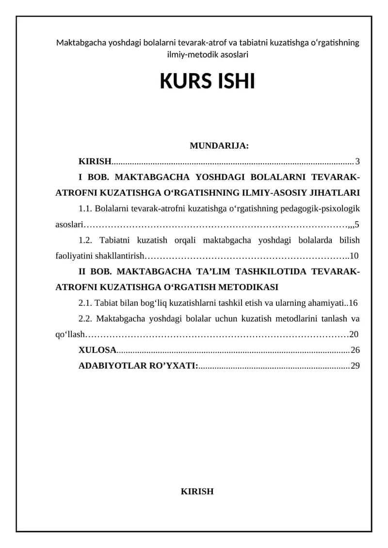Maktabgacha yoshdagi bolalarni tevarak-atrof va tabiatni kuzatishga o‘rgatishning ilmiy-metodik asoslari
